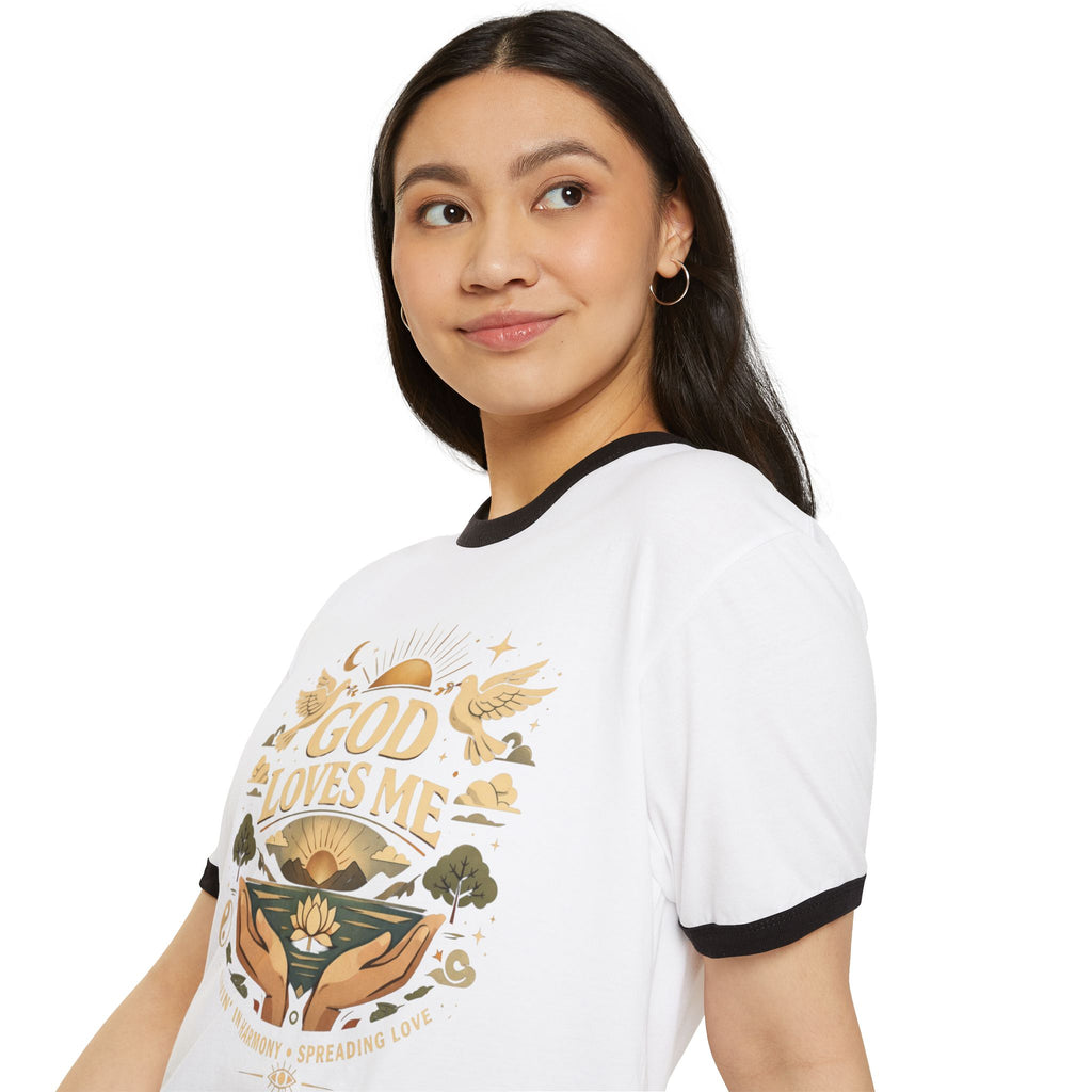 God Loves Me Ringer T-Shirt — Inspirational Christian Faith Graphic Tee