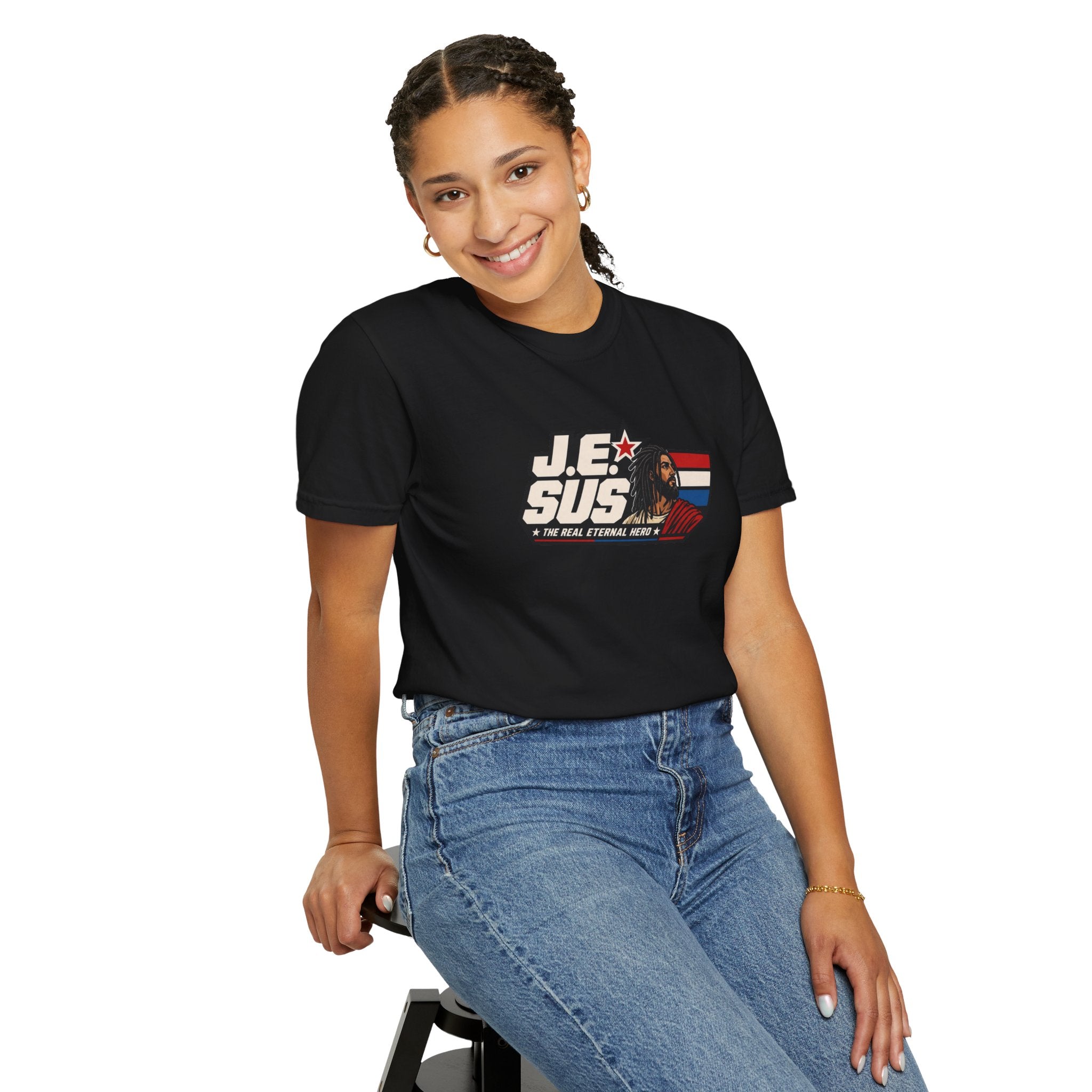 Jesus Retro Graphic T-Shirt — “J.E.SUS The Real Eternal Hero” Christian Vintage Tee