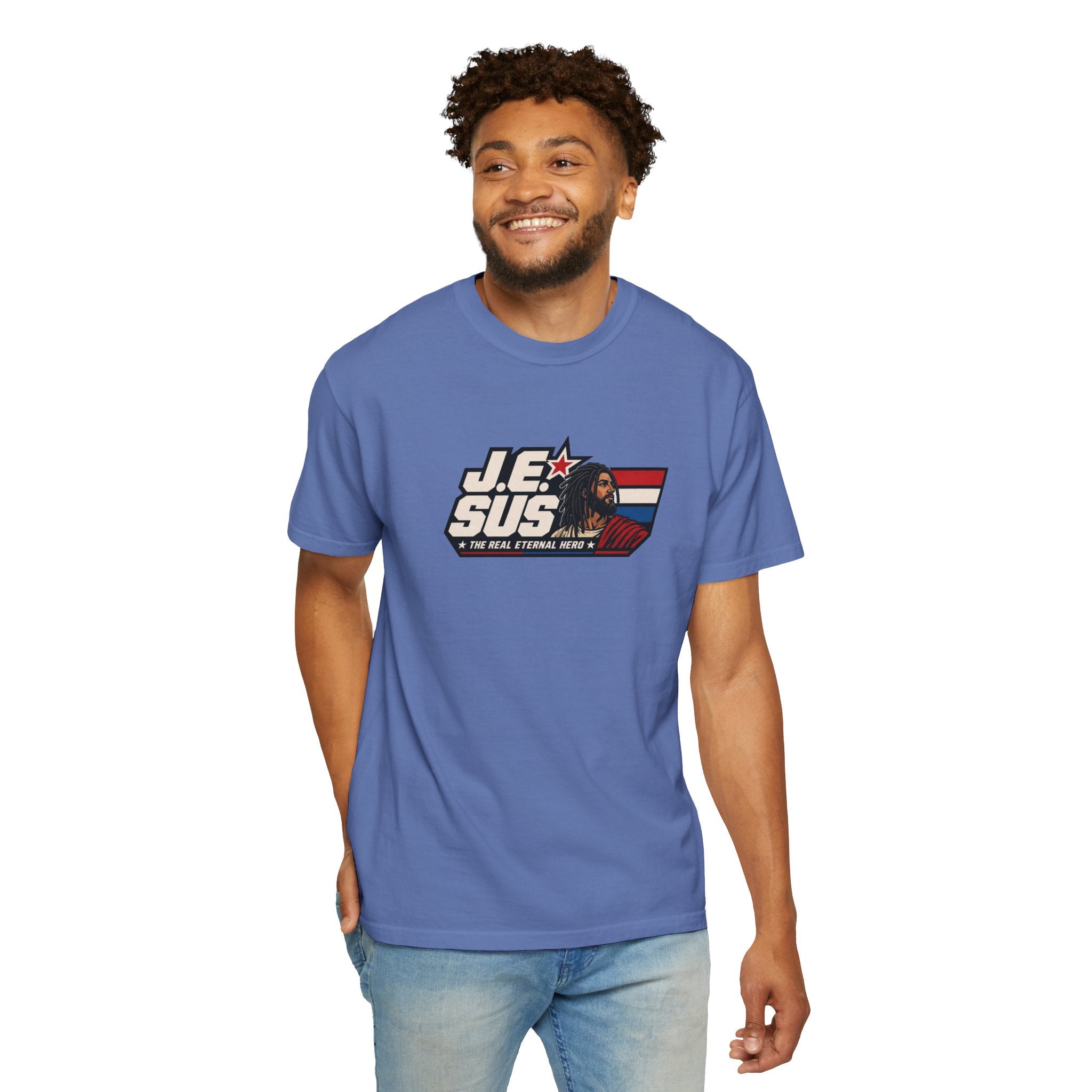 Jesus Retro Graphic T-Shirt — “J.E.SUS The Real Eternal Hero” Christian Vintage Tee