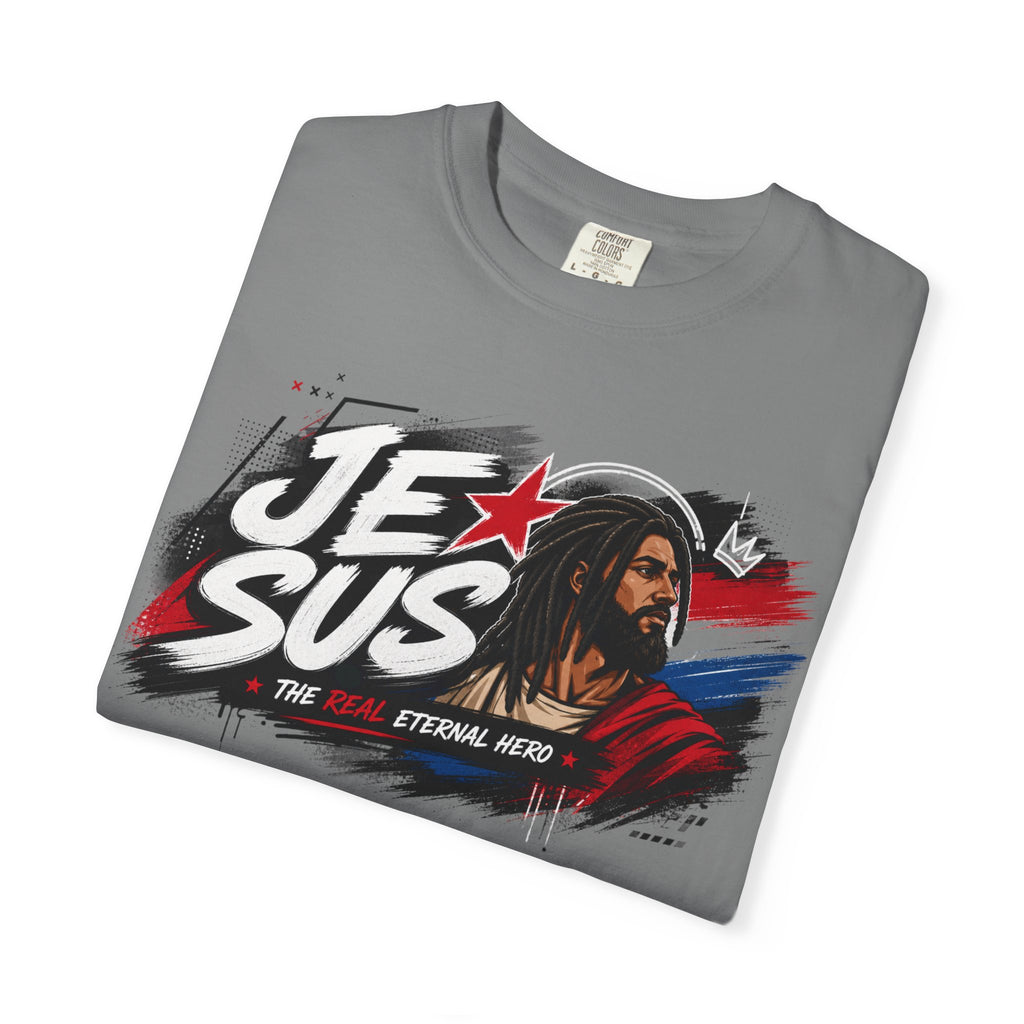 Jesus Retro Graphic T-Shirt — “J.E.SUS The Real Eternal Hero” Christian Vintage Tee