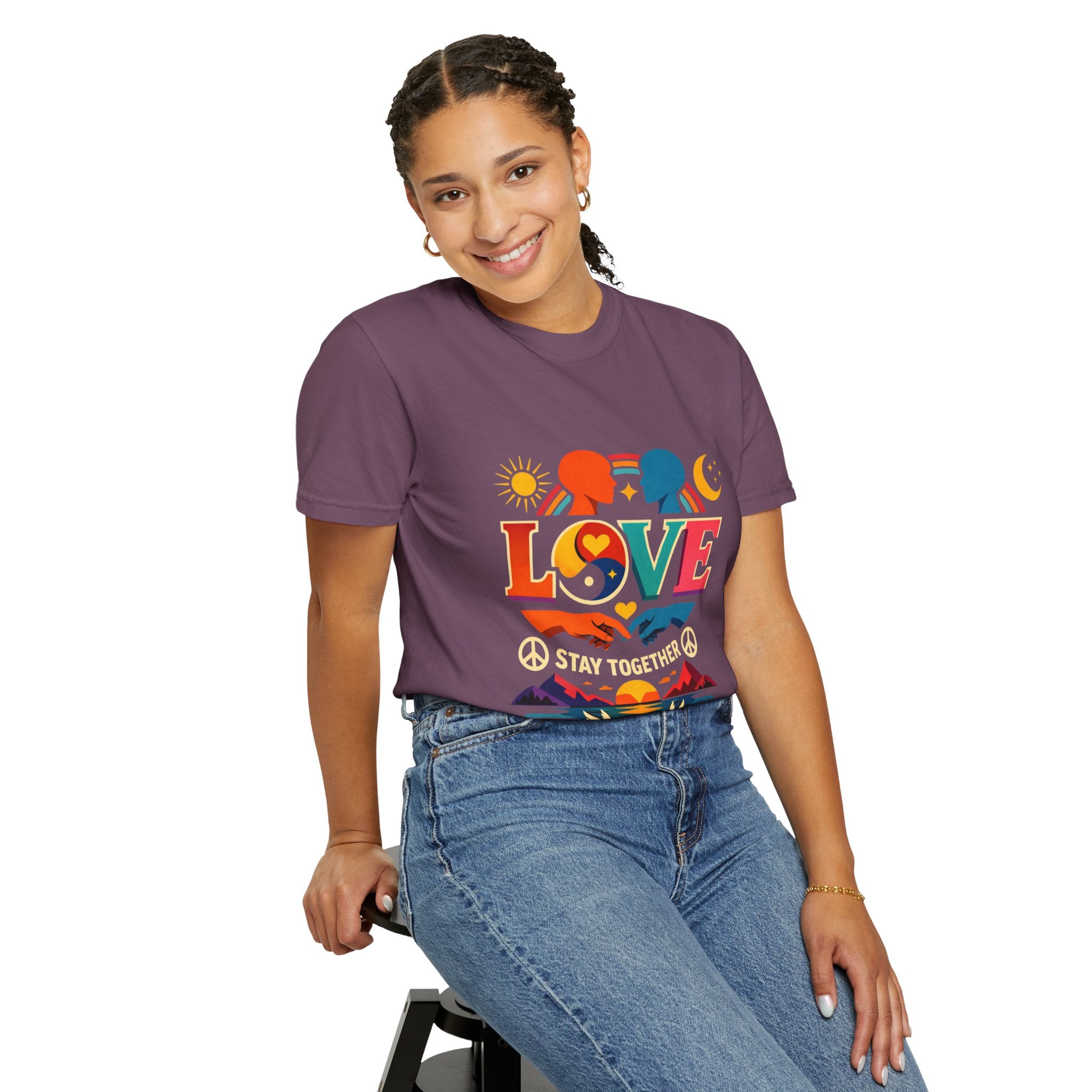 Love Together Retro Graphic T-Shirt — Colorful Peace & Unity Tee