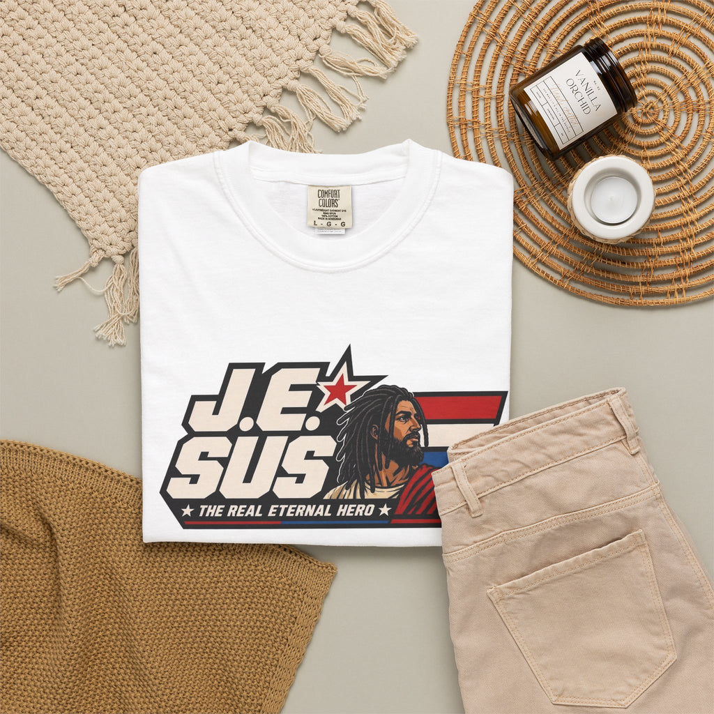 Jesus Retro Graphic T-Shirt — “J.E.SUS The Real Eternal Hero” Christian Vintage Tee