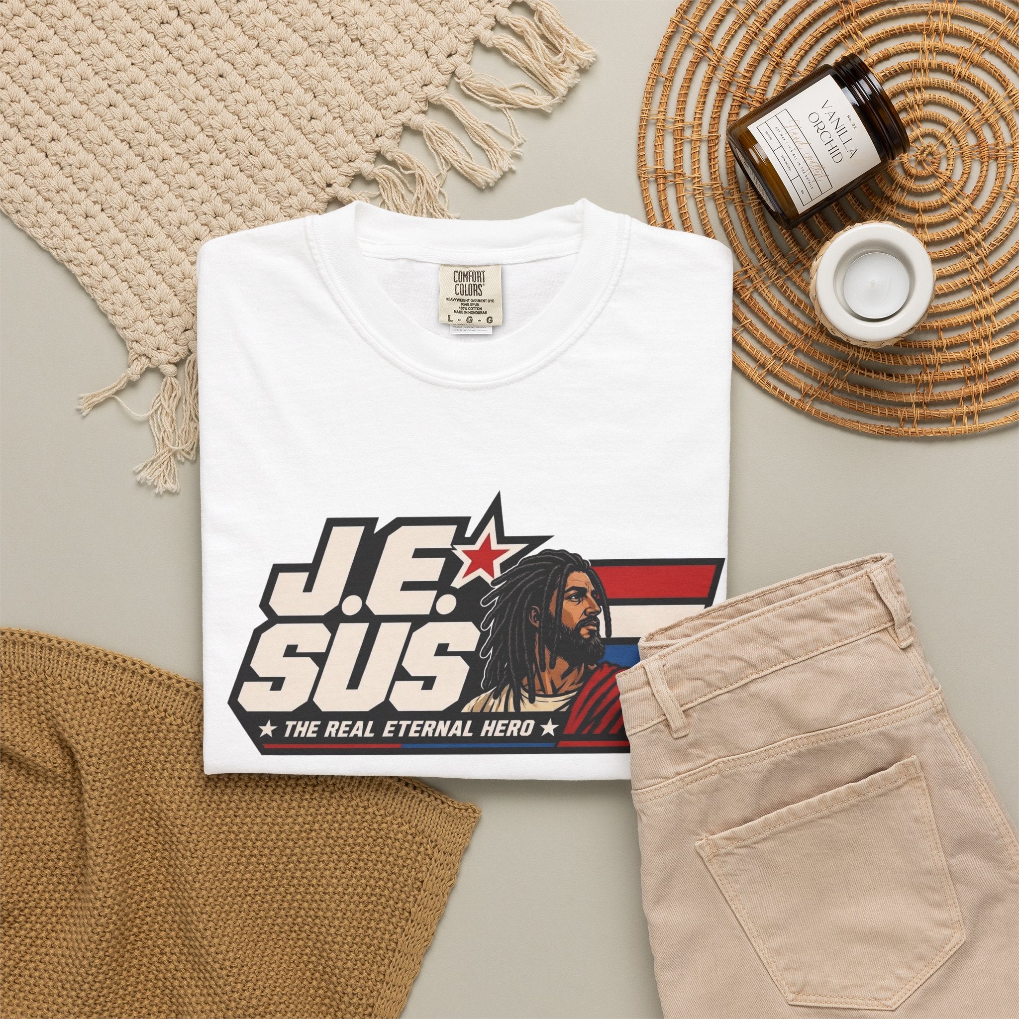 Jesus Retro Graphic T-Shirt — “J.E.SUS The Real Eternal Hero” Christian Vintage Tee