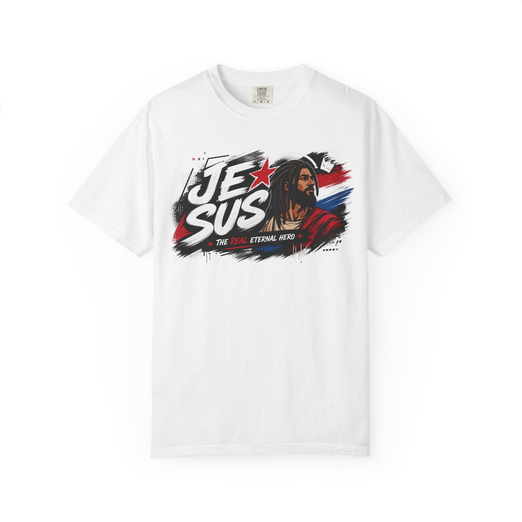 Jesus Retro Graphic T-Shirt — “J.E.SUS The Real Eternal Hero” Christian Vintage Tee