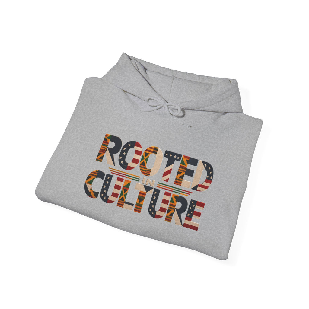 Black Graphic Hoodie — "Rooted in Culture" African Kente Inspired and USA pattern Pullover