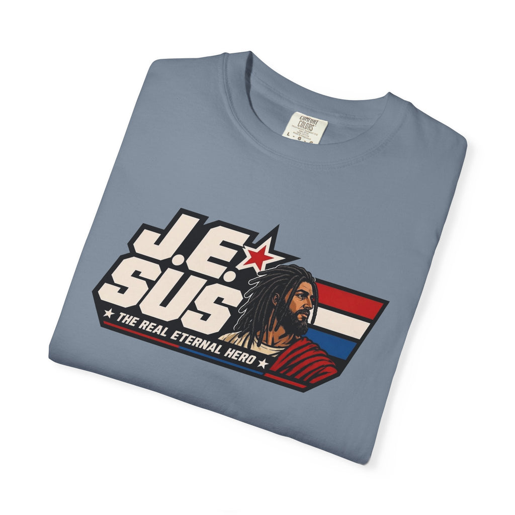 Jesus Retro Graphic T-Shirt — “J.E.SUS The Real Eternal Hero” Christian Vintage Tee