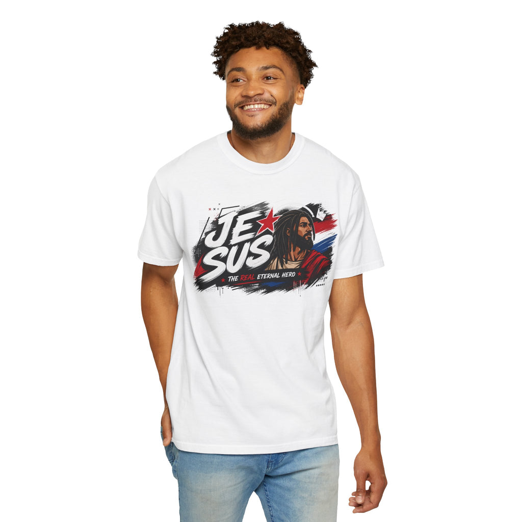 Jesus Retro Graphic T-Shirt — “J.E.SUS The Real Eternal Hero” Christian Vintage Tee