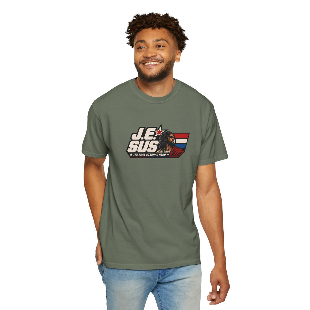 Jesus Retro Graphic T-Shirt — “J.E.SUS The Real Eternal Hero” Christian Vintage Tee
