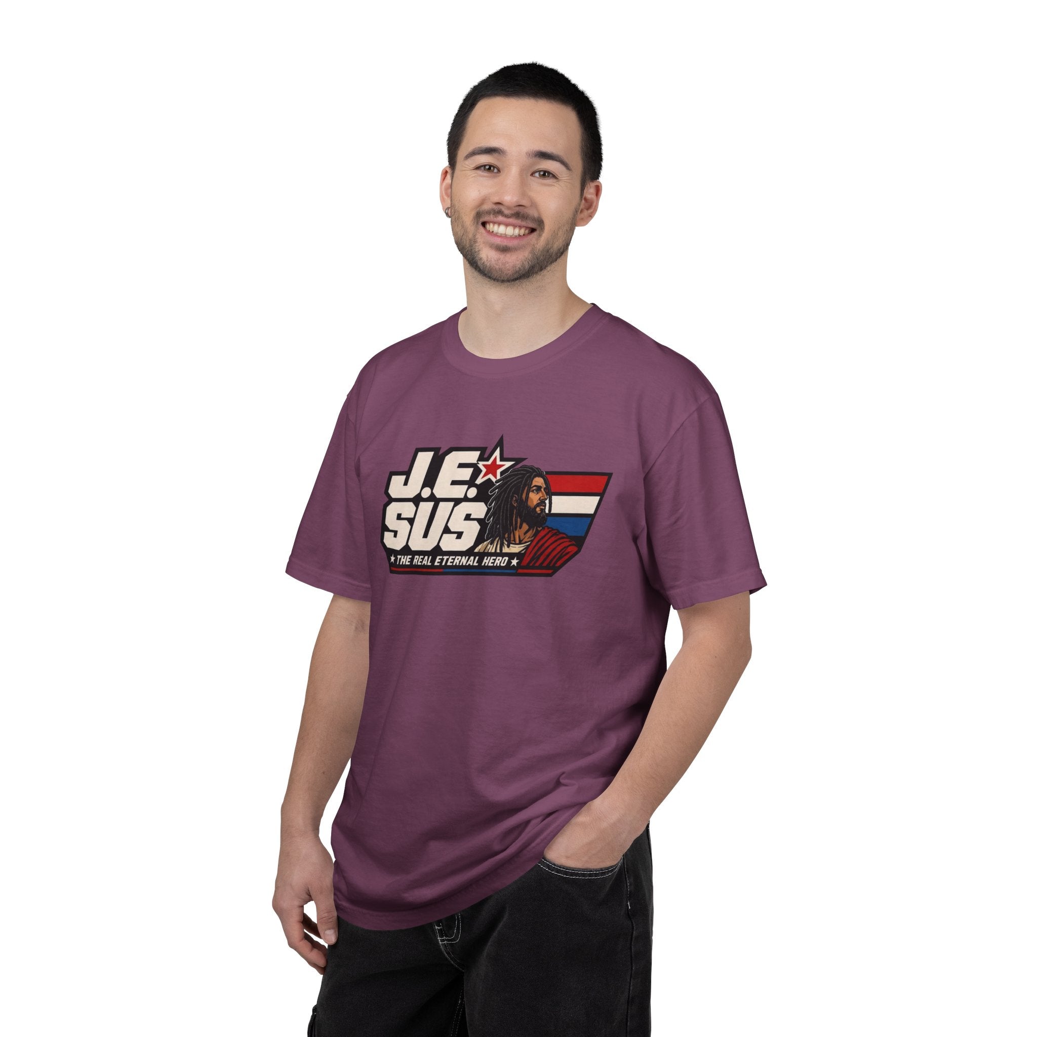 Jesus Retro Graphic T-Shirt — “J.E.SUS The Real Eternal Hero” Christian Vintage Tee