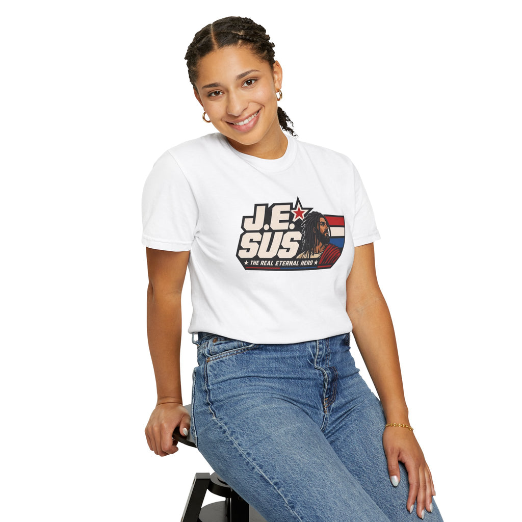 Jesus Retro Graphic T-Shirt — “J.E.SUS The Real Eternal Hero” Christian Vintage Tee