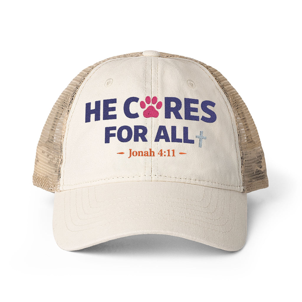 He cares for all, scripture paw print Women's Washed Mesh-Back Cap