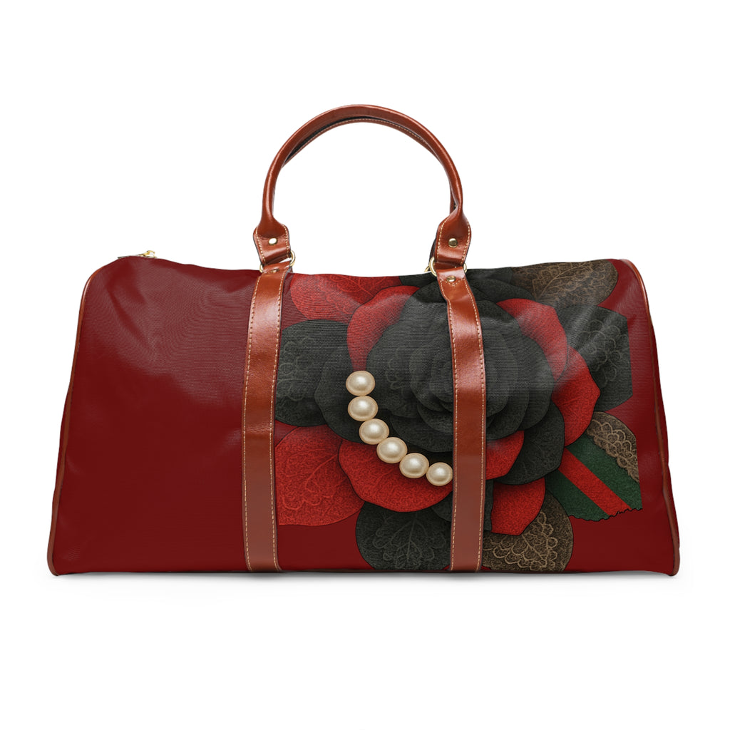 Waterproof Travel Bag — Elegant Black & Red Rose Pearl Duffle. (no raised pearls )￼