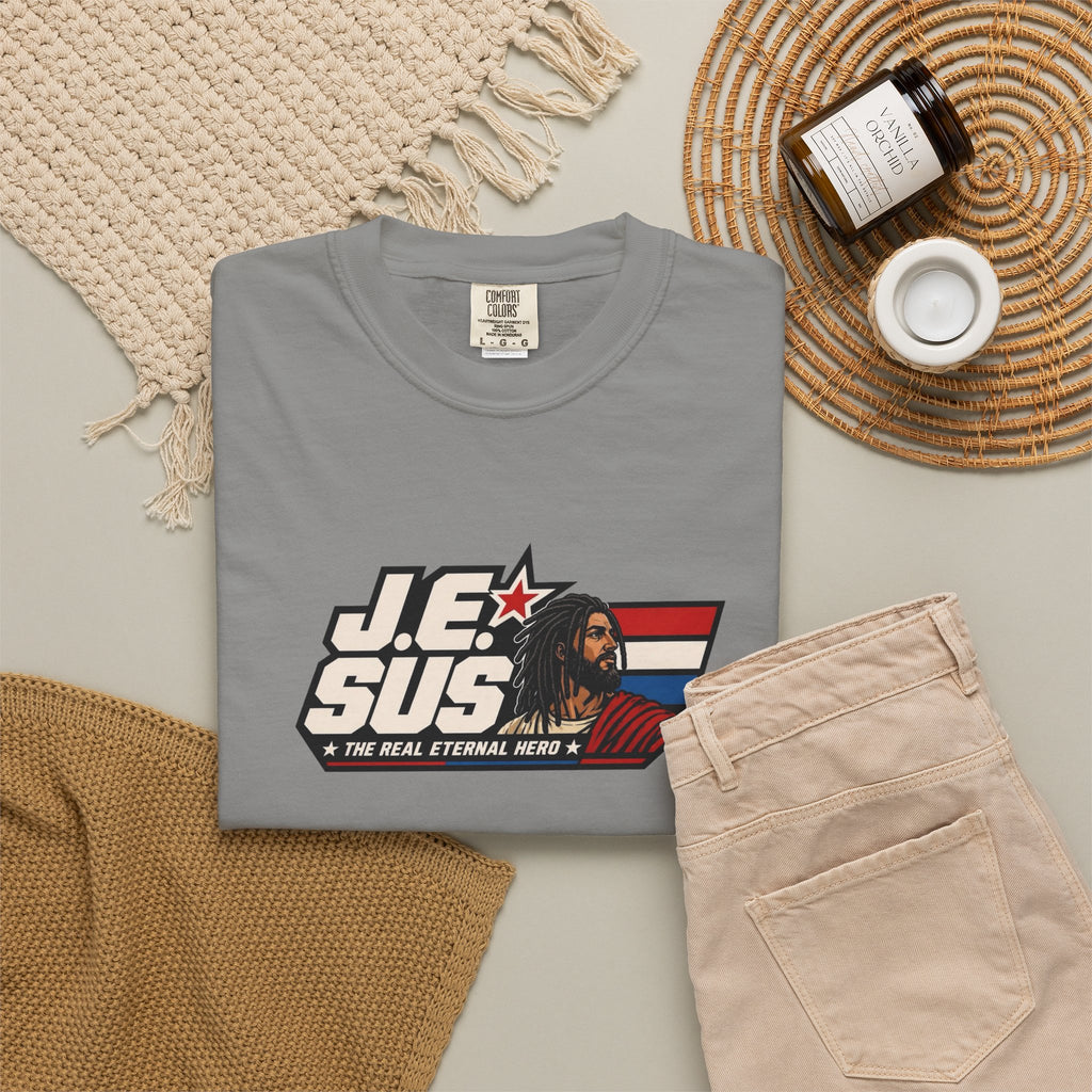 Jesus Retro Graphic T-Shirt — “J.E.SUS The Real Eternal Hero” Christian Vintage Tee