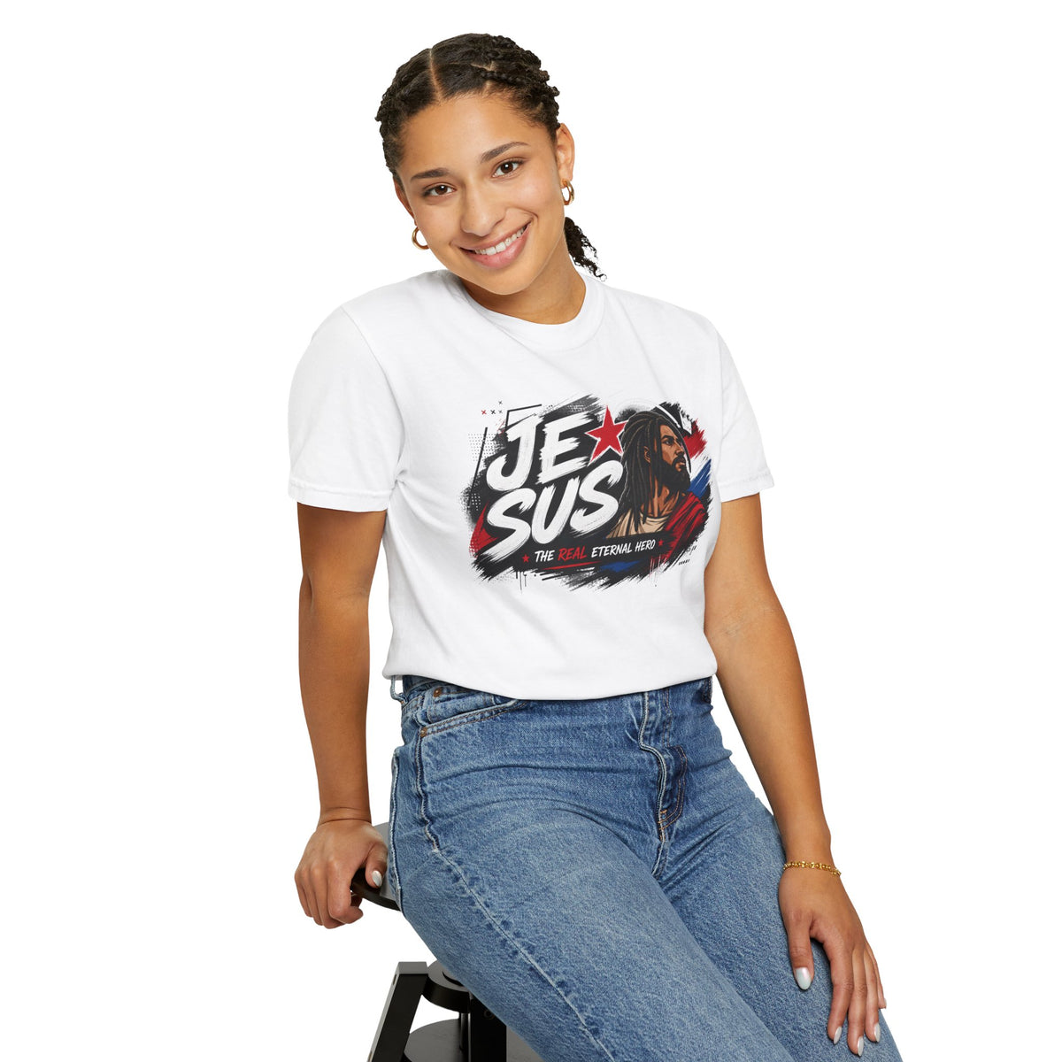 Jesus Retro Graphic T-Shirt — “J.E.SUS The Real Eternal Hero” Christian Vintage Tee