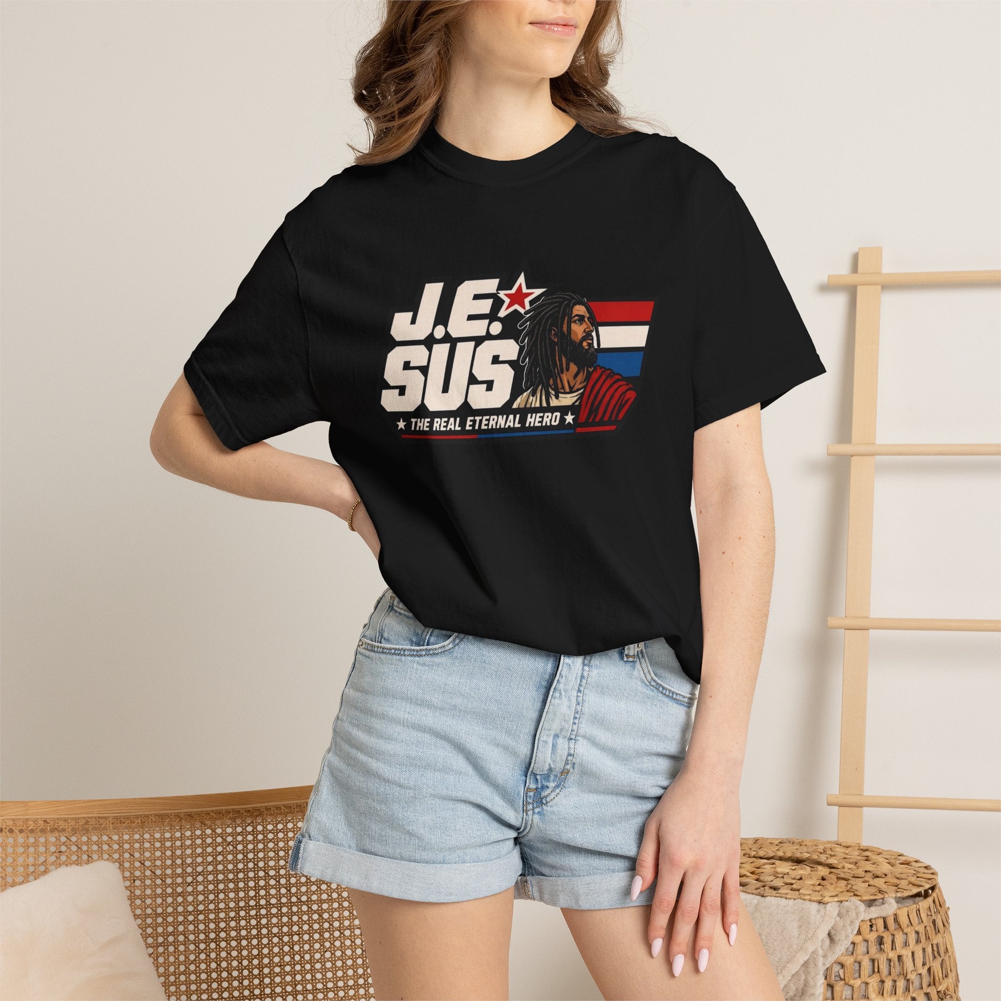 Jesus Retro Graphic T-Shirt — “J.E.SUS The Real Eternal Hero” Christian Vintage Tee