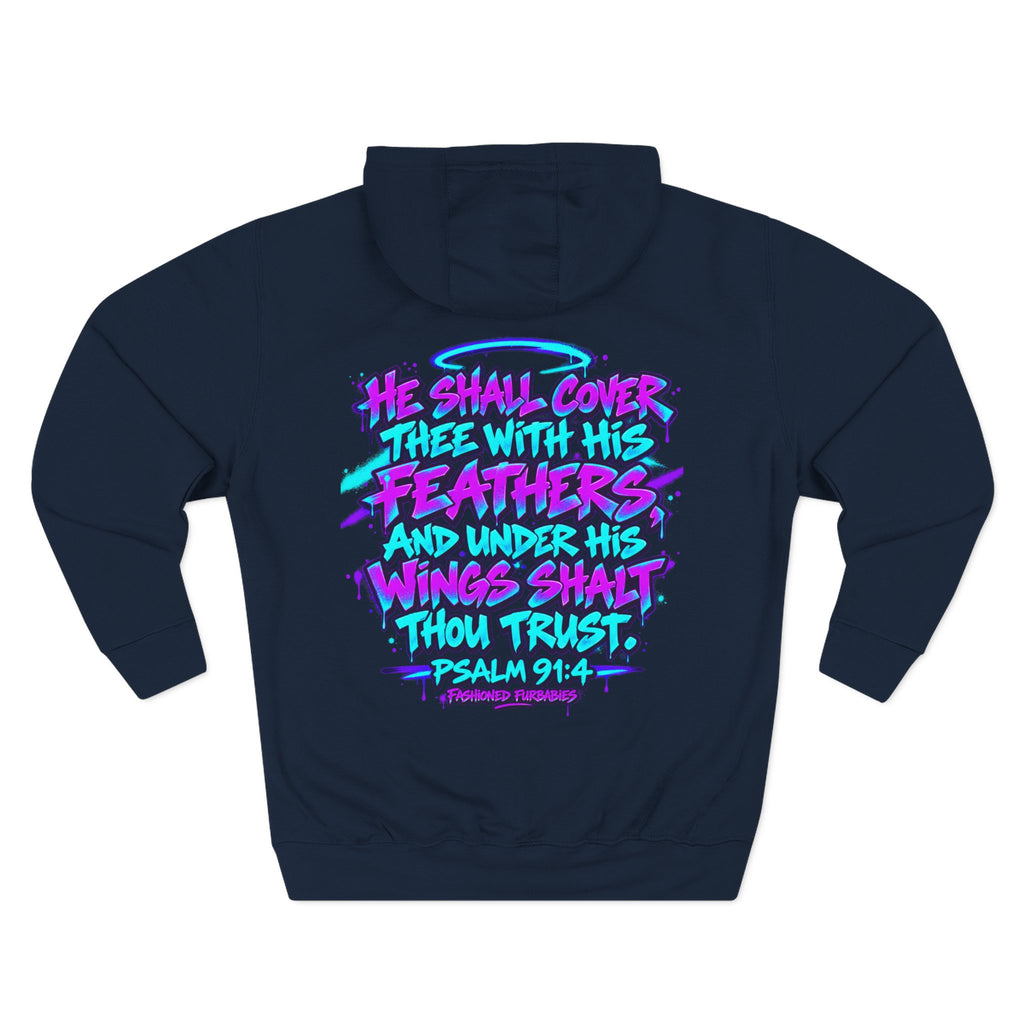 Christian Hoodie — "He Shall Cover Thee" Psalm 91:4 Graphic Fleece Hoodie