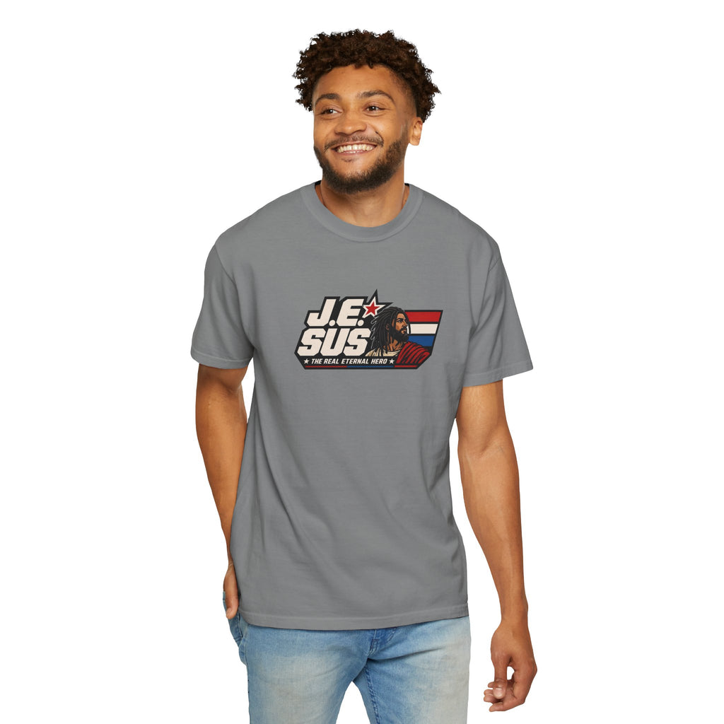 Jesus Retro Graphic T-Shirt — “J.E.SUS The Real Eternal Hero” Christian Vintage Tee