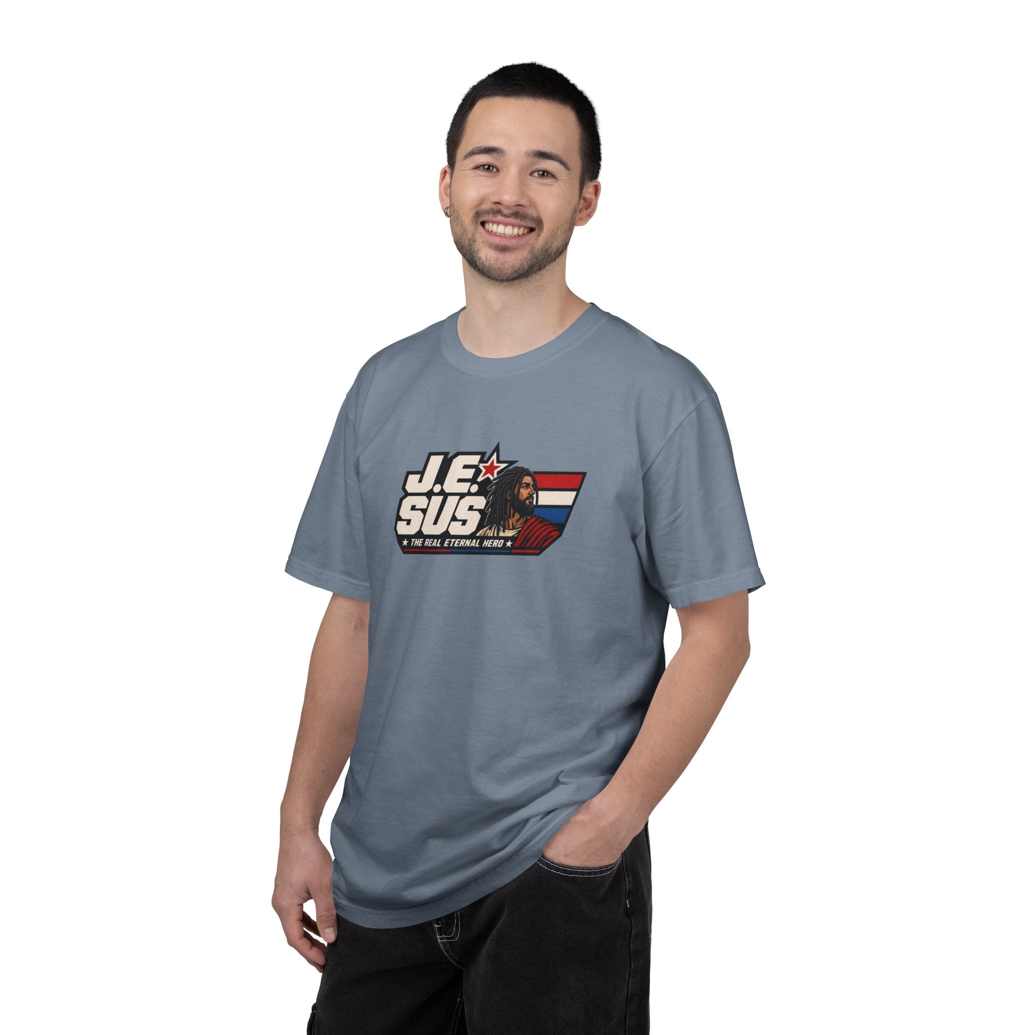Jesus Retro Graphic T-Shirt — “J.E.SUS The Real Eternal Hero” Christian Vintage Tee