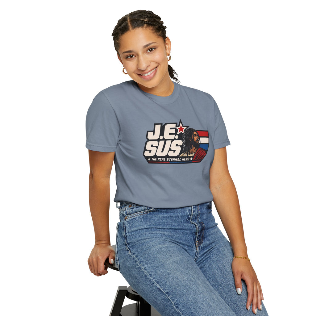 Jesus Retro Graphic T-Shirt — “J.E.SUS The Real Eternal Hero” Christian Vintage Tee