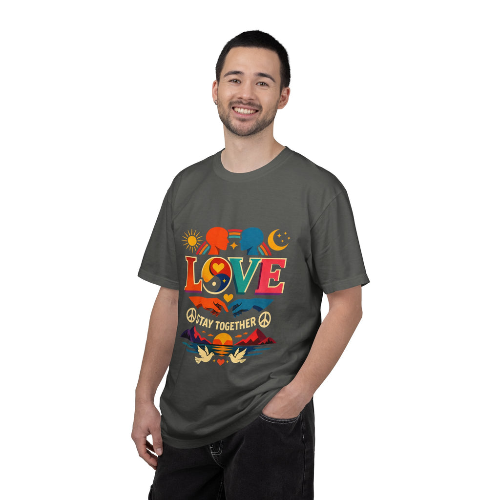 Love Together Retro Graphic T-Shirt — Colorful Peace & Unity Tee