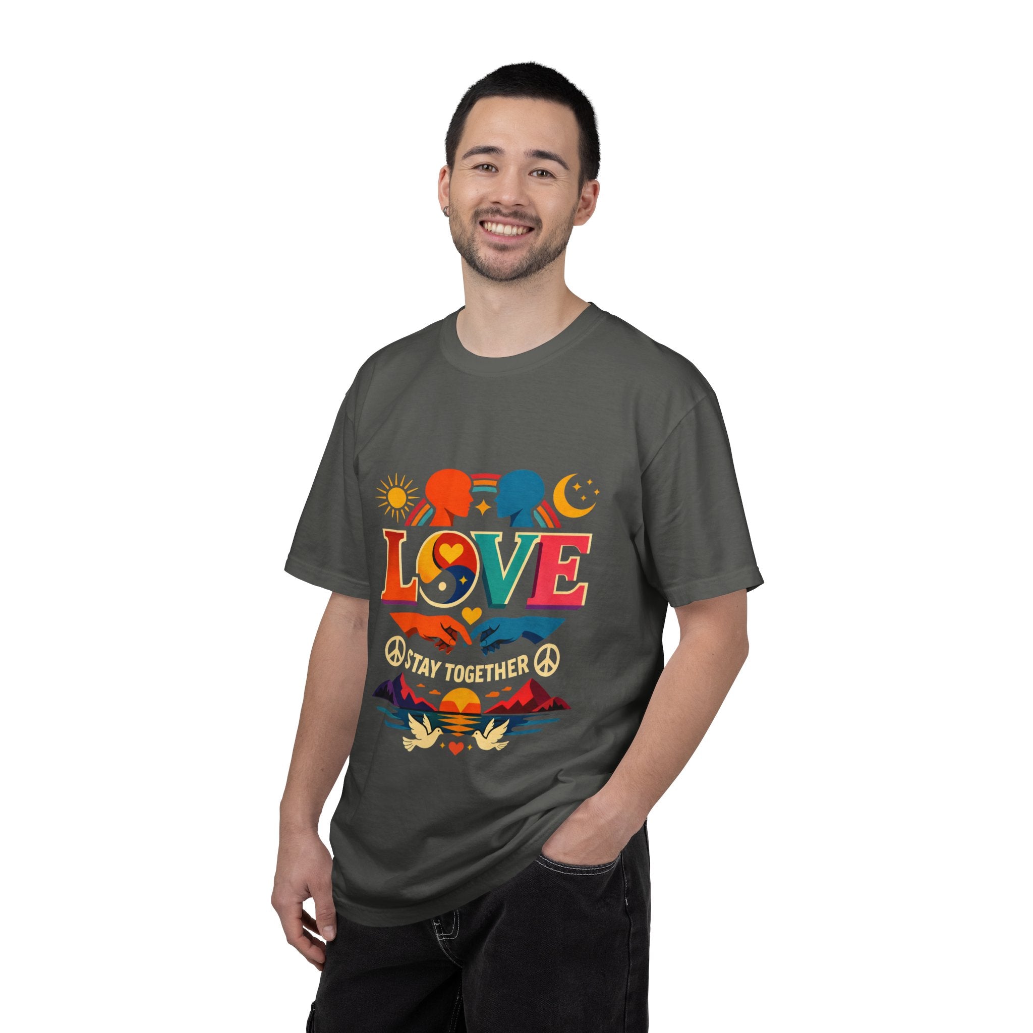 Love Together Retro Graphic T-Shirt — Colorful Peace & Unity Tee