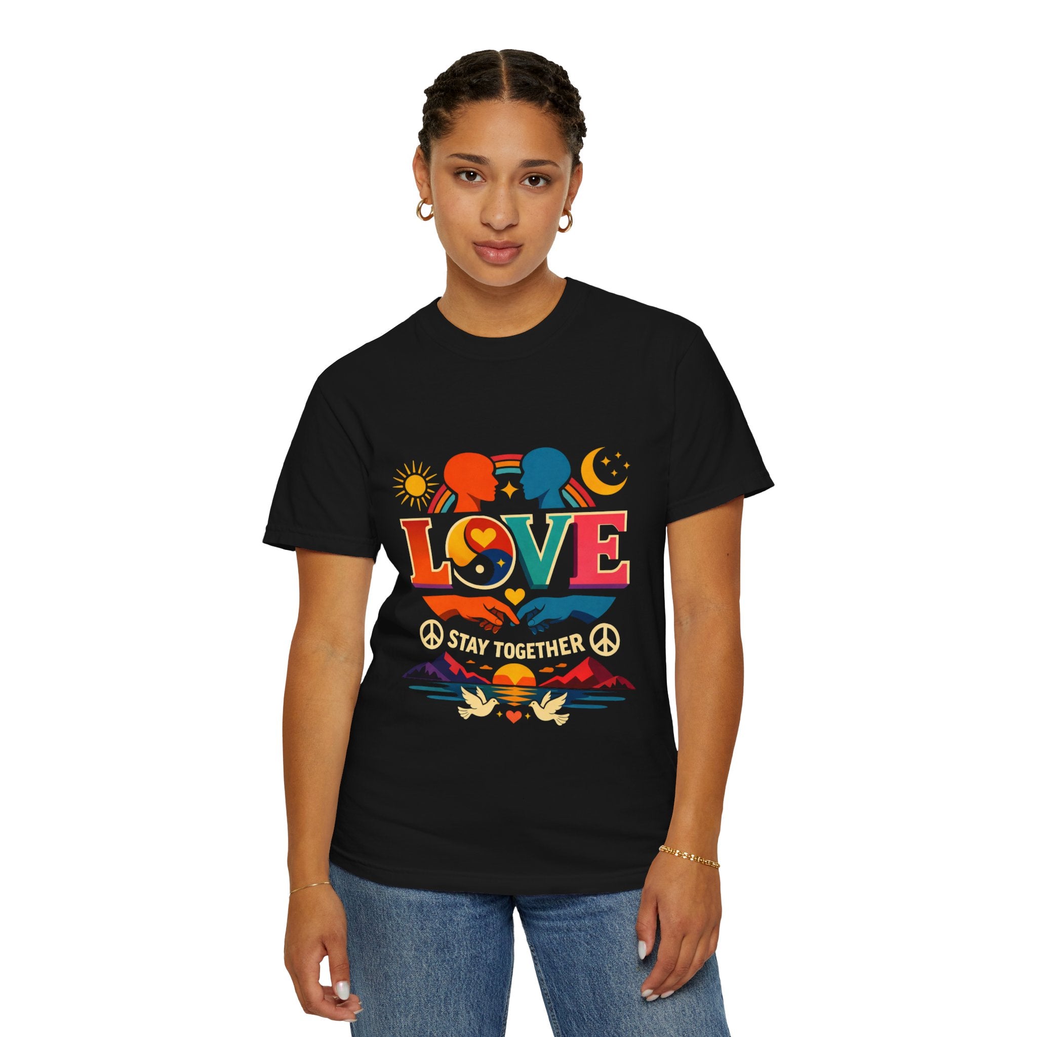 Love Together Retro Graphic T-Shirt — Colorful Peace & Unity Tee