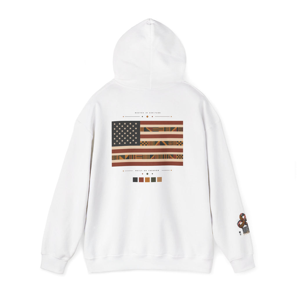 Black Graphic Hoodie — "Rooted in Culture" African Kente Inspired and USA pattern Pullover