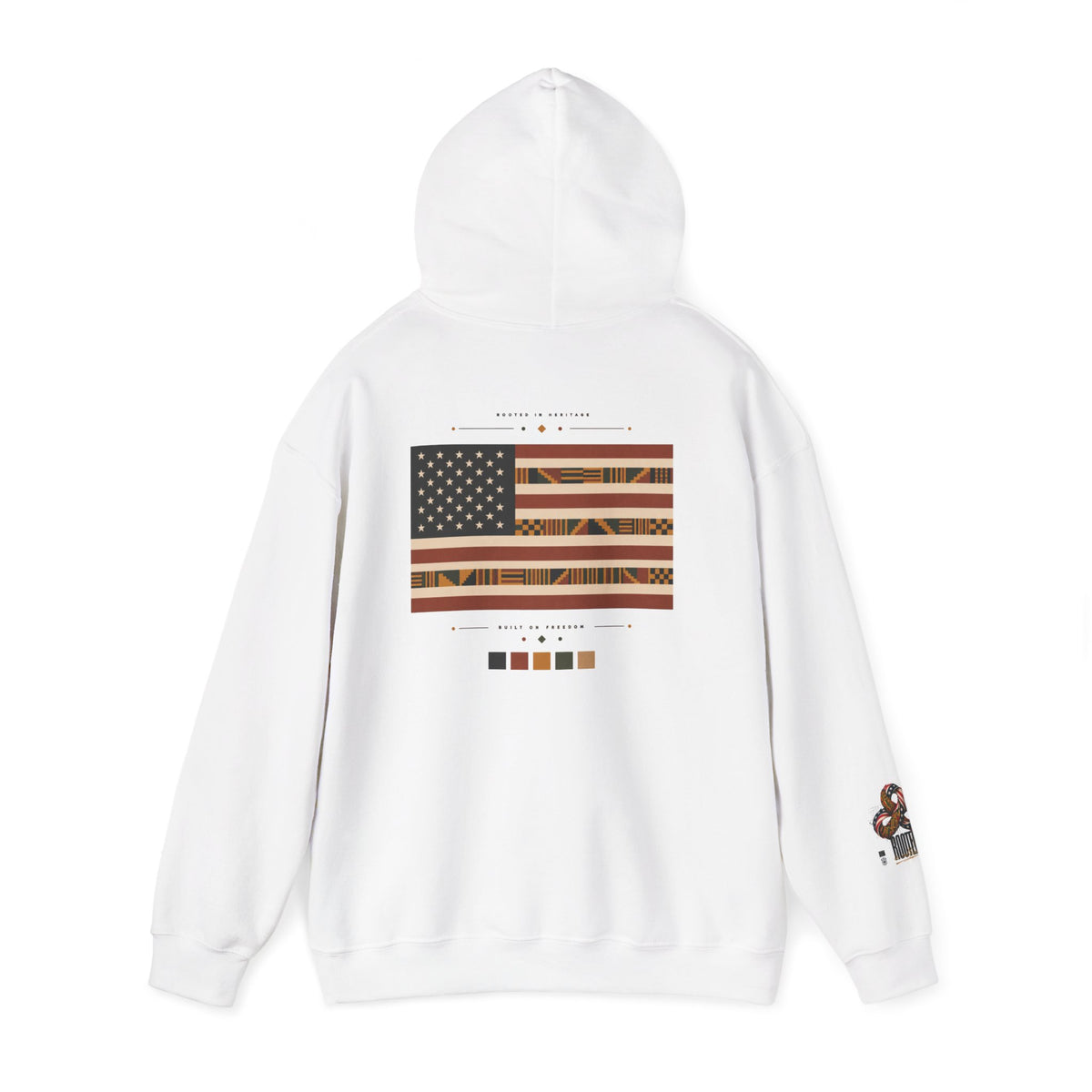 Black Graphic Hoodie — "Rooted in Culture" African Kente Inspired and USA pattern Pullover