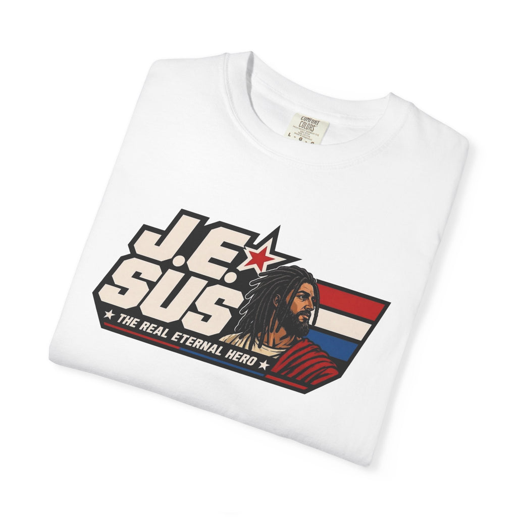 Jesus Retro Graphic T-Shirt — “J.E.SUS The Real Eternal Hero” Christian Vintage Tee