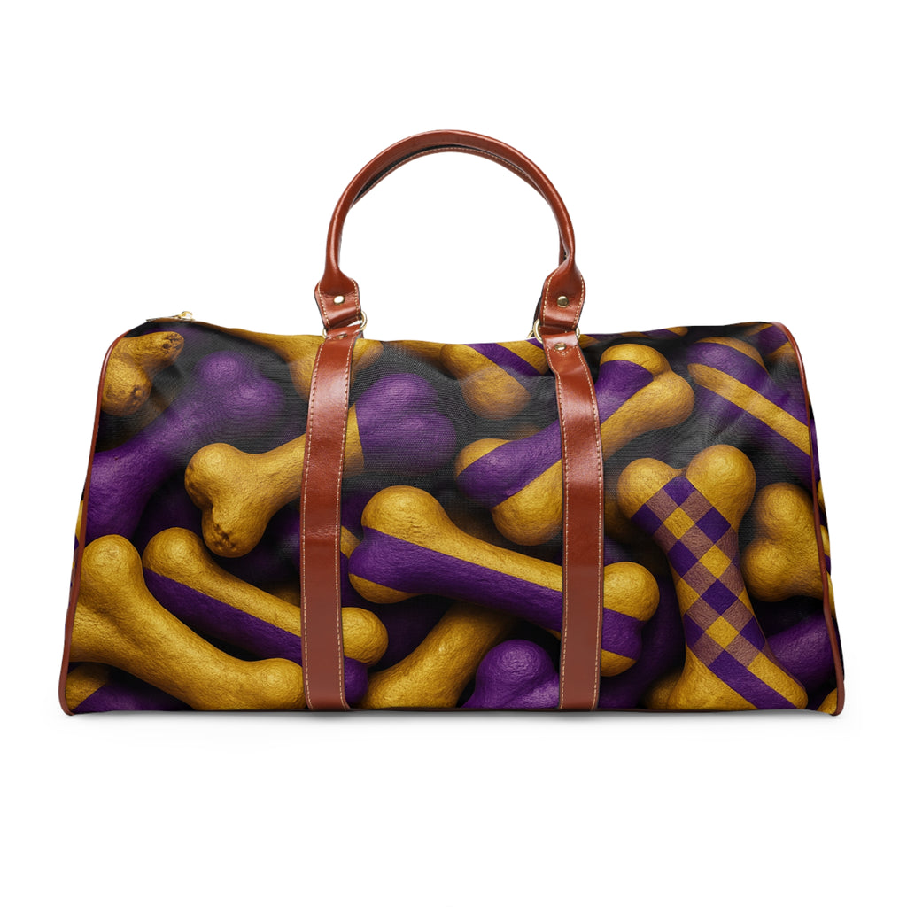 Waterproof Travel Bag — Festive Purple & Gold Bone Pattern Duffle