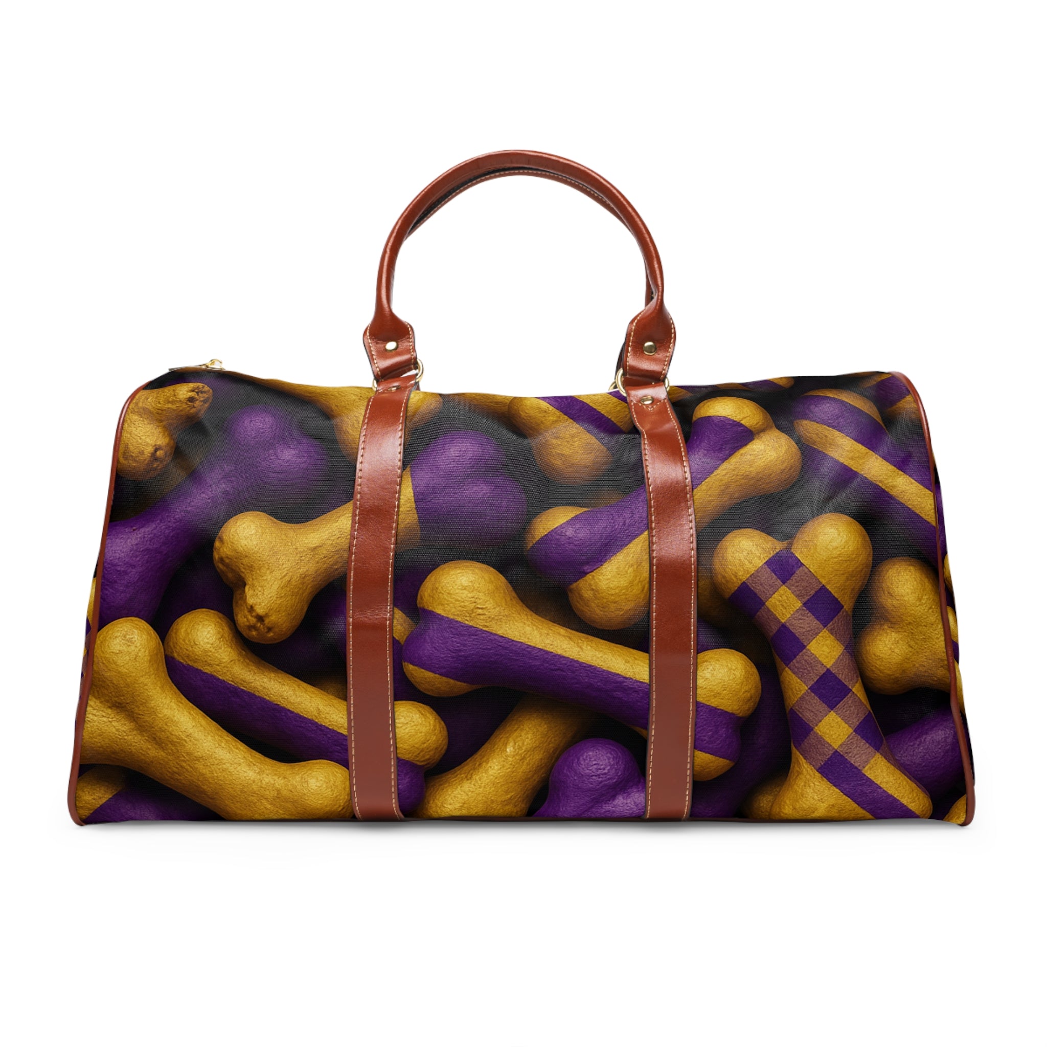 Waterproof Travel Bag — Festive Purple & Gold Bone Pattern Duffle
