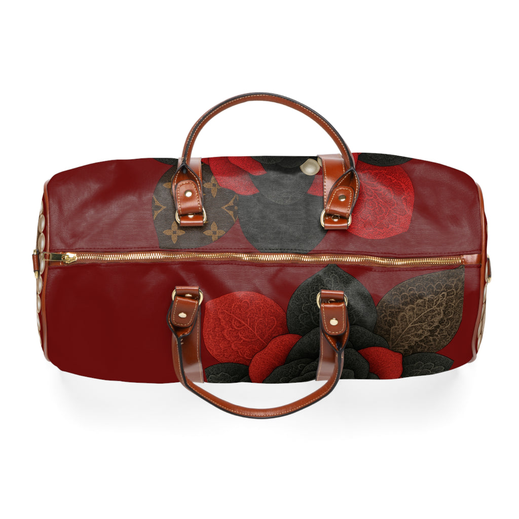 Waterproof Travel Bag — Elegant Black & Red Rose Pearl Duffle. (no raised pearls )￼