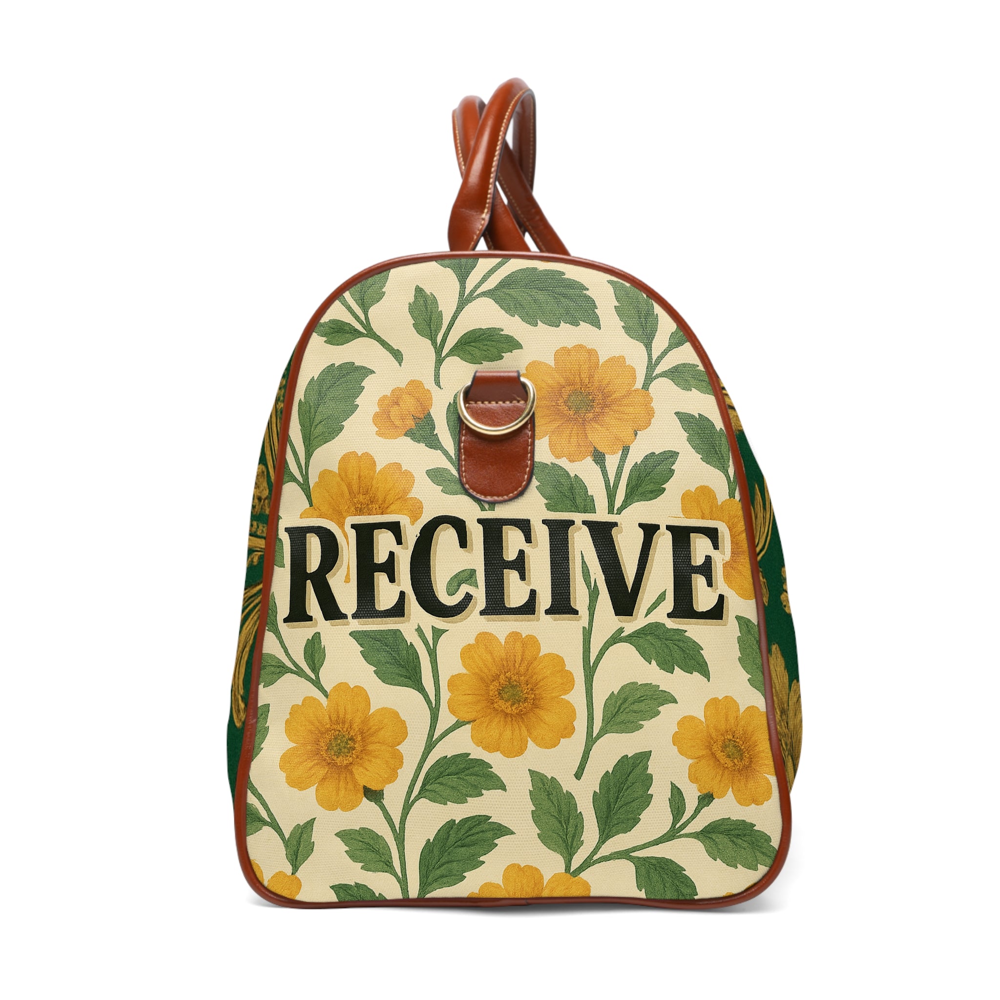 Green Baroque Waterproof Travel Bag — Elegant Floral Weekender Duffle
