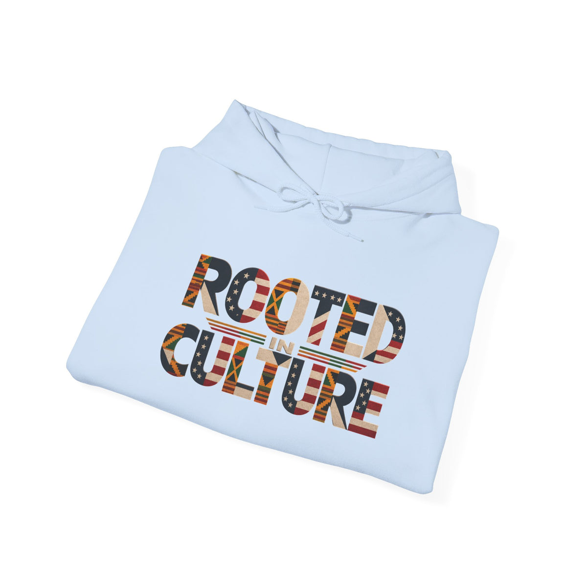 Black Graphic Hoodie — "Rooted in Culture" African Kente Inspired and USA pattern Pullover