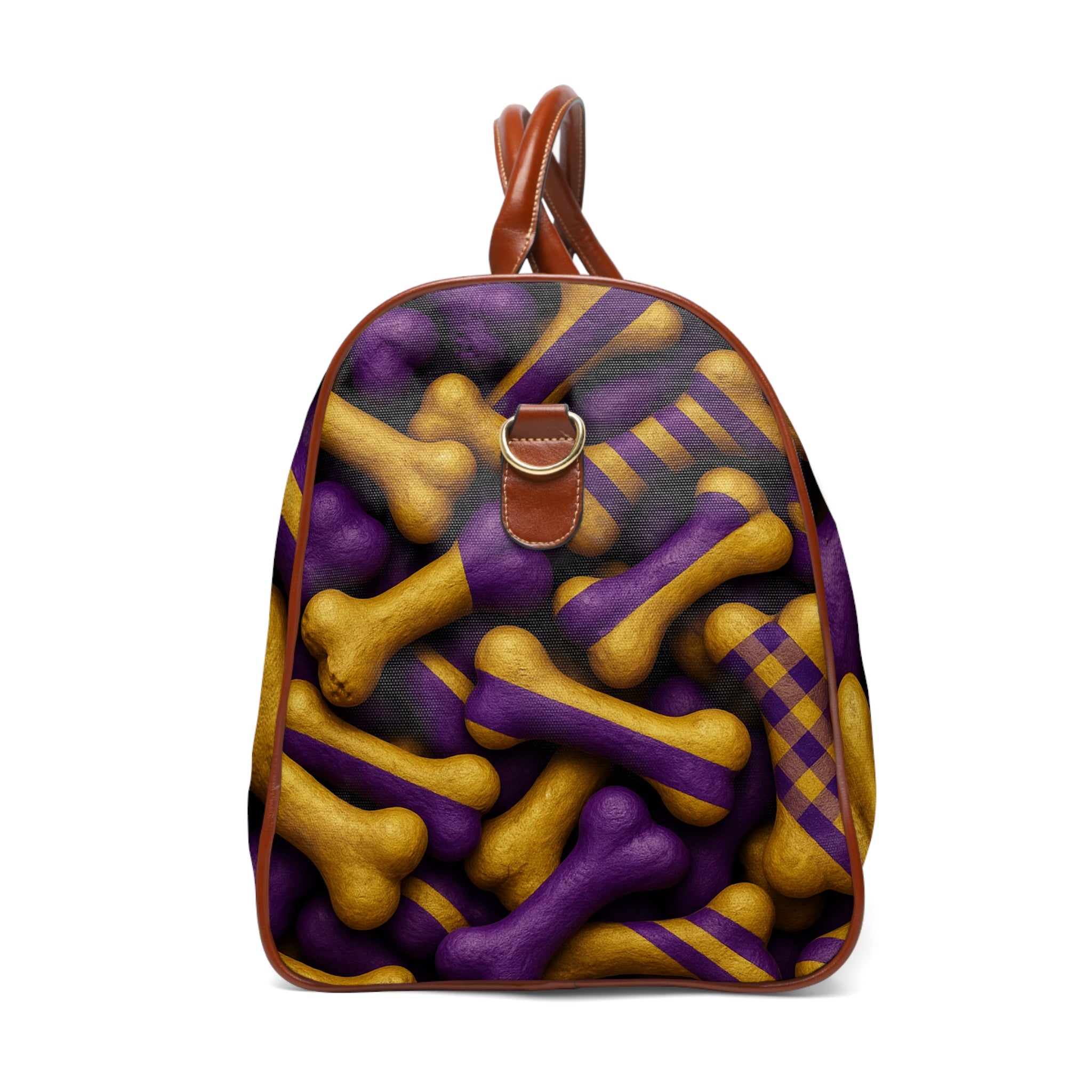 Waterproof Travel Bag — Festive Purple & Gold Bone Pattern Duffle