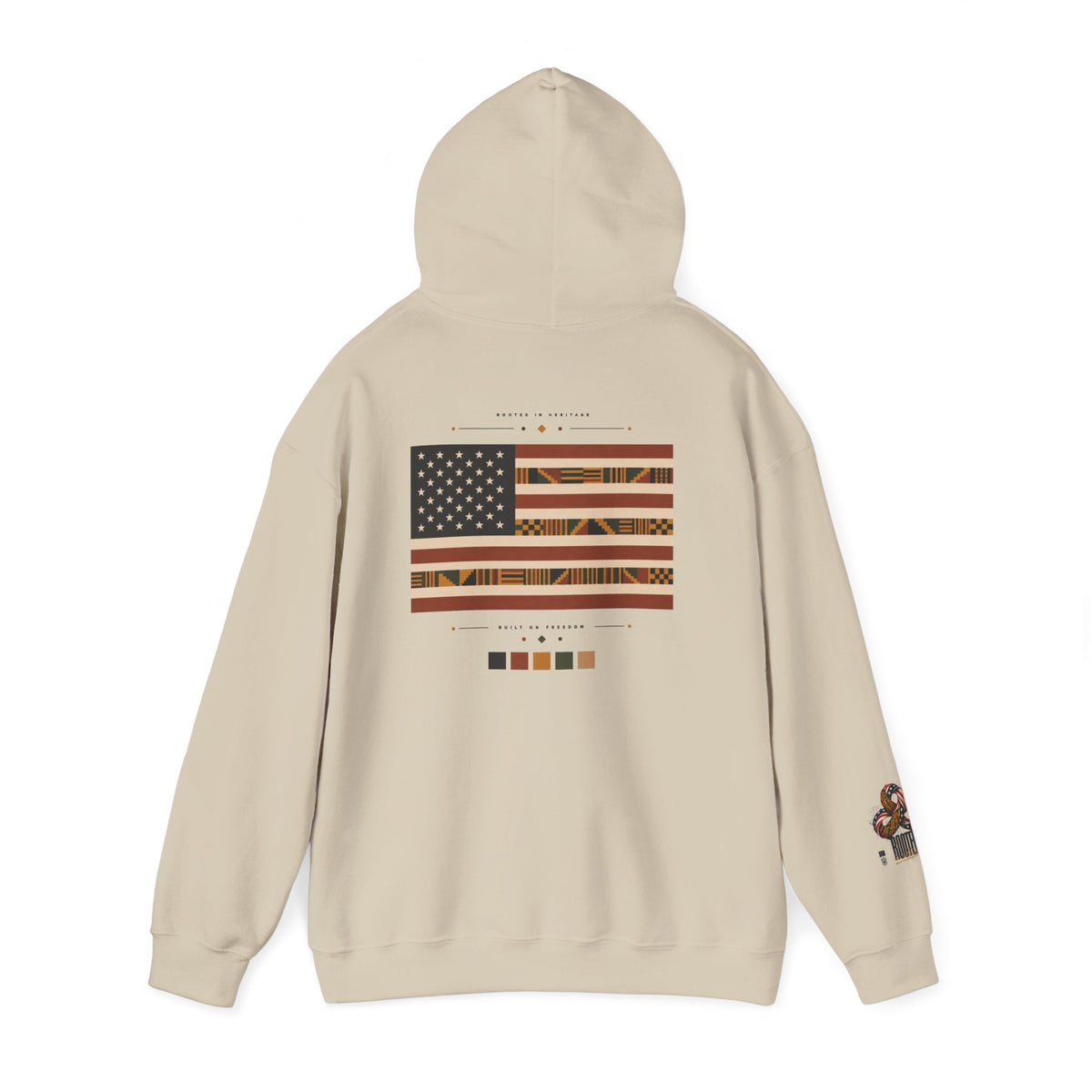 Black Graphic Hoodie — "Rooted in Culture" African Kente Inspired and USA pattern Pullover