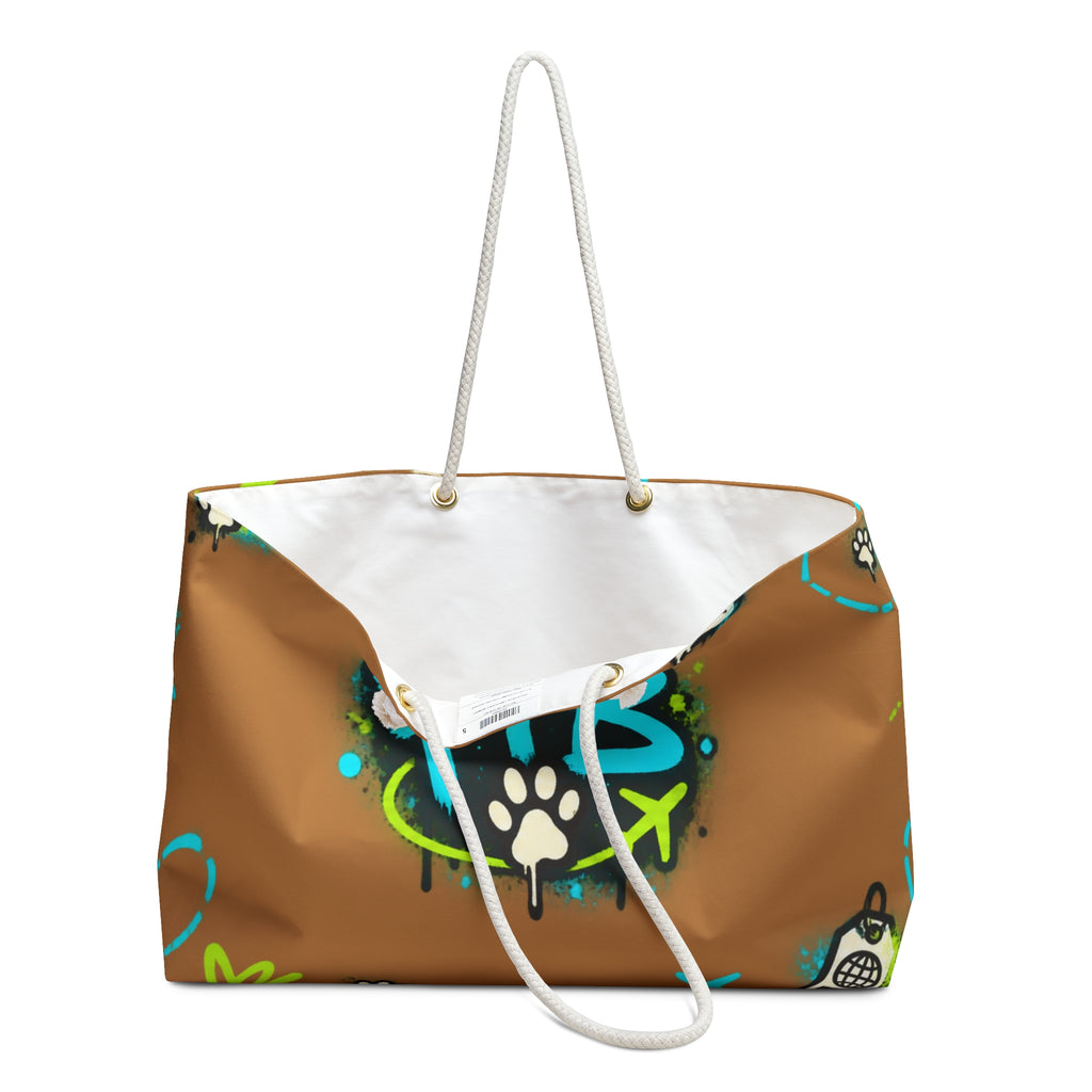 FFB Pawprint Weekender Bag — Travel Tote with Fun Phone & Plane Pattern