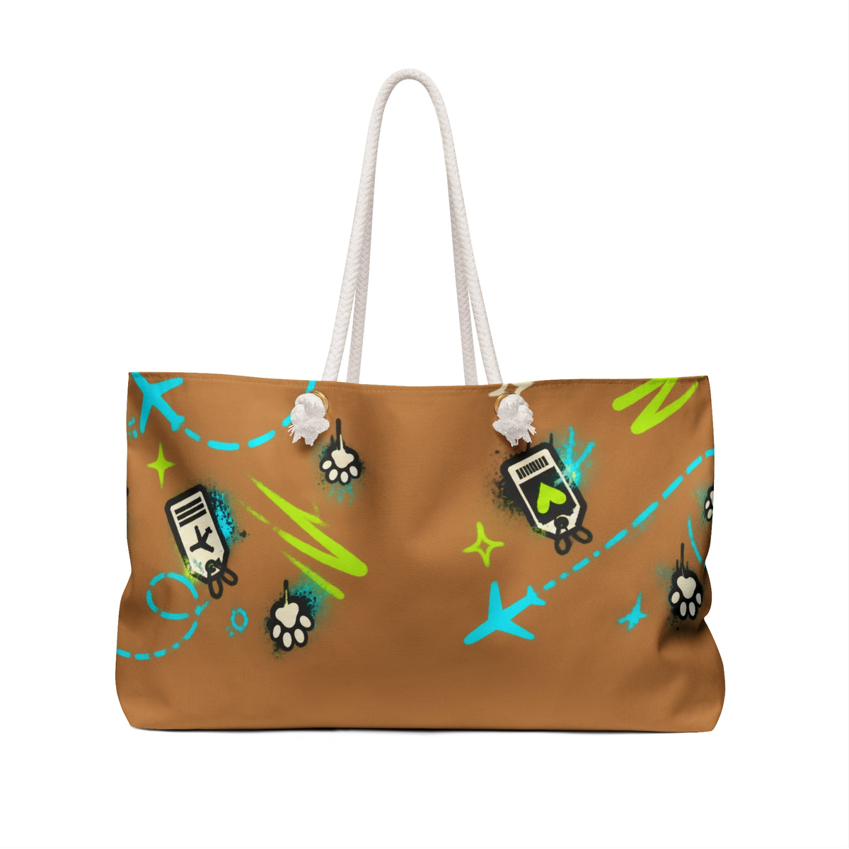 FFB Pawprint Weekender Bag — Travel Tote with Fun Phone & Plane Pattern