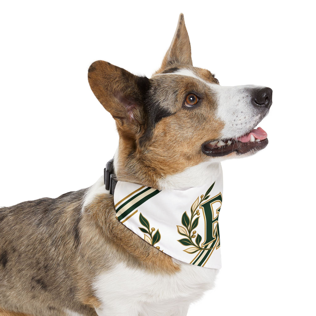 Monogram Laurel Pet Bandana Collar — Green & Gold FFB Crest