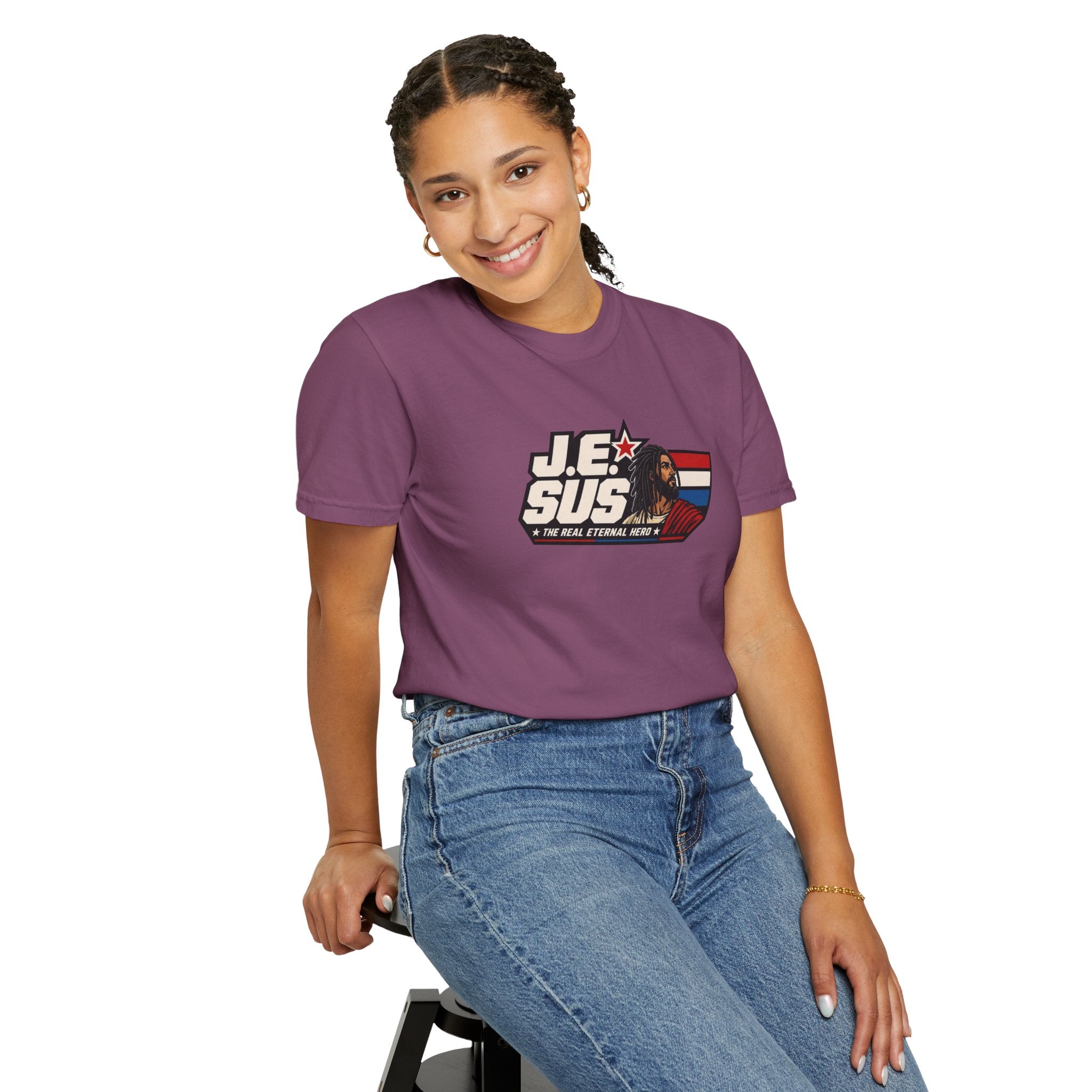 Jesus Retro Graphic T-Shirt — “J.E.SUS The Real Eternal Hero” Christian Vintage Tee