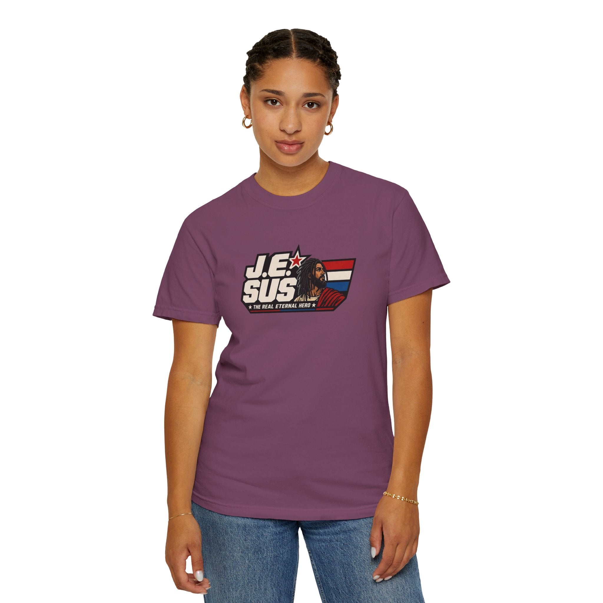 Jesus Retro Graphic T-Shirt — “J.E.SUS The Real Eternal Hero” Christian Vintage Tee