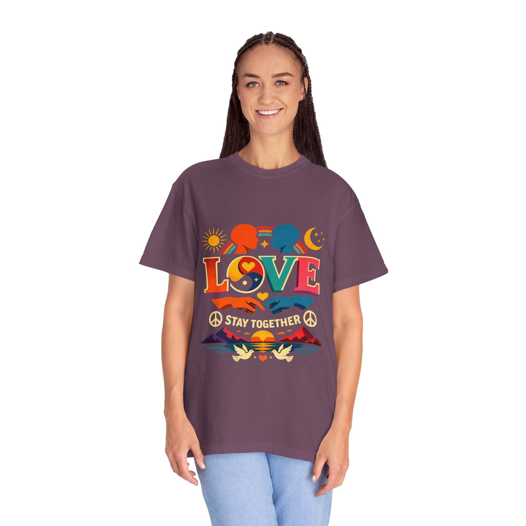 Love Together Retro Graphic T-Shirt — Colorful Peace & Unity Tee