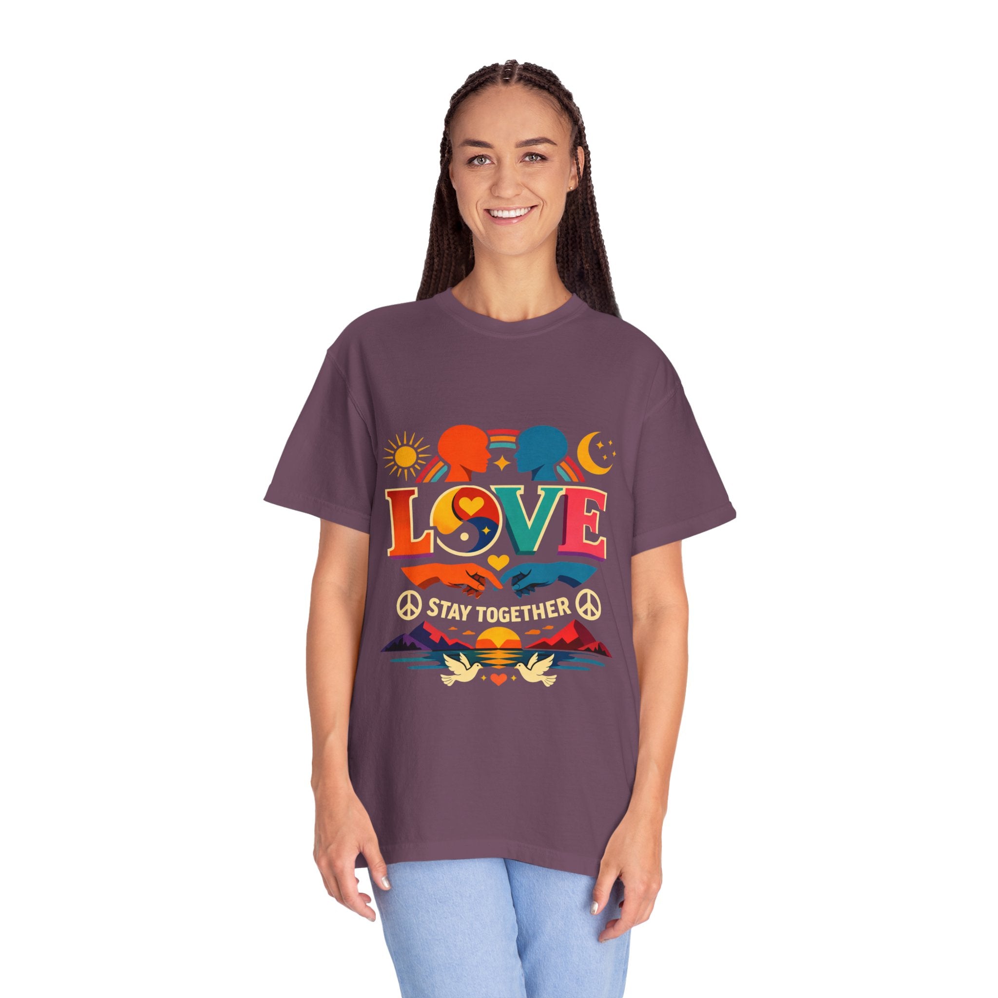 Love Together Retro Graphic T-Shirt — Colorful Peace & Unity Tee