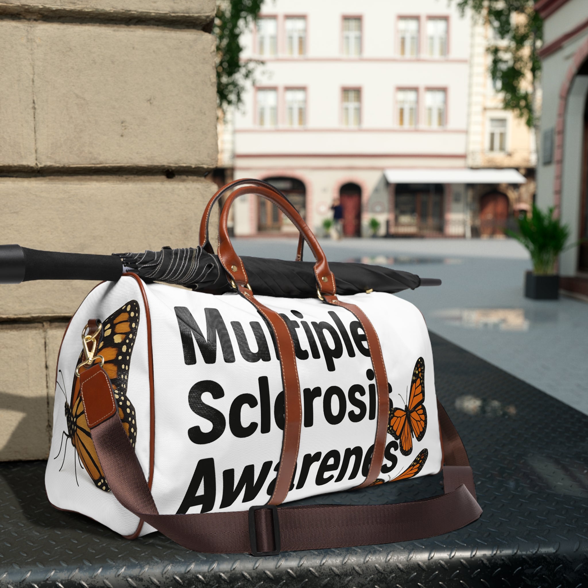 Multiple Sclerosis Awareness Waterproof Travel Bag — Monarch Butterfly Accent