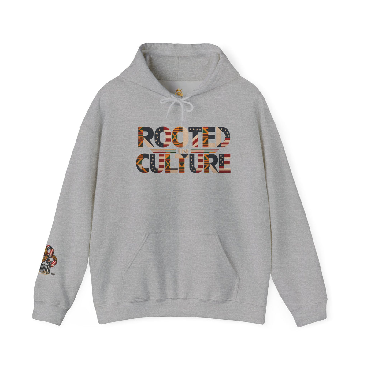 Black Graphic Hoodie — "Rooted in Culture" African Kente Inspired and USA pattern Pullover