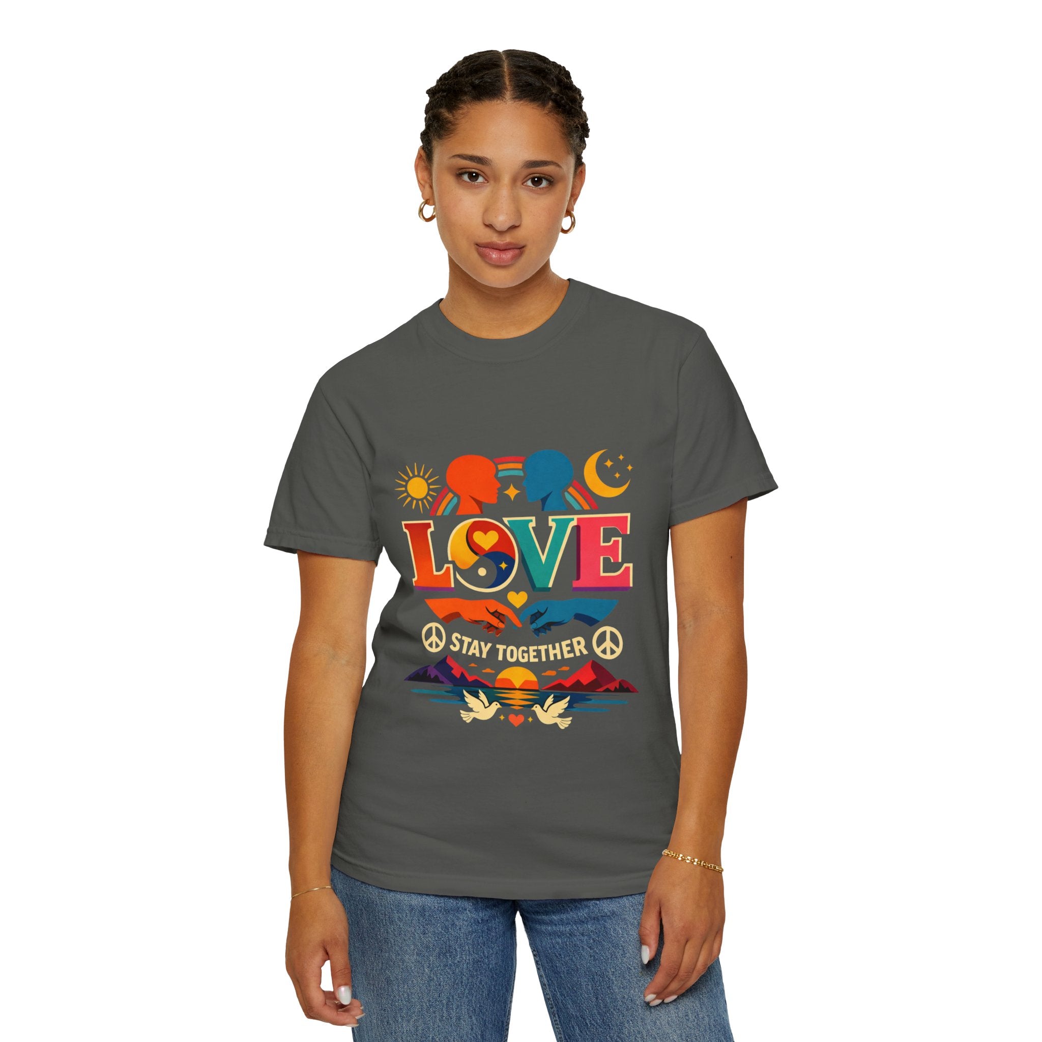 Love Together Retro Graphic T-Shirt — Colorful Peace & Unity Tee