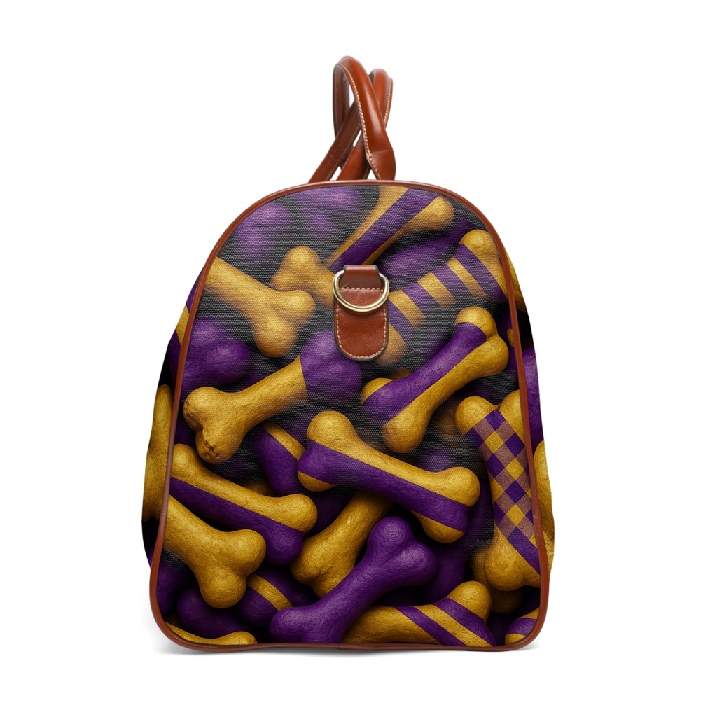 Waterproof Travel Bag — Festive Purple & Gold Bone Pattern Duffle