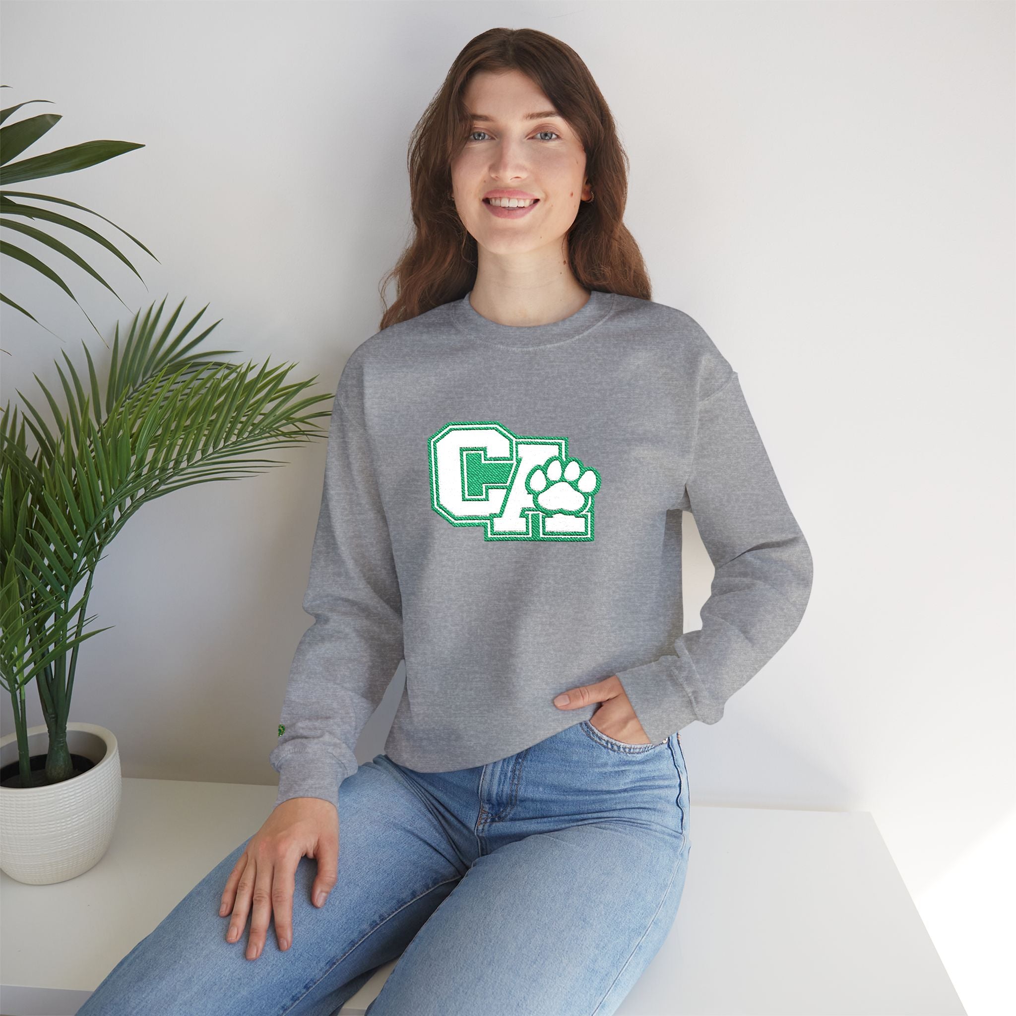 California Embroidered Crewneck Sweatshirt — Green Vintage 'CA' Paw Logo