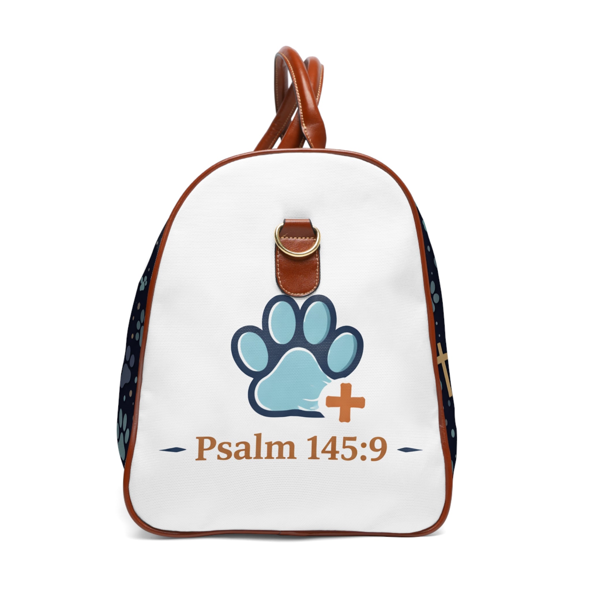 Christian Paw Print Travel Duffle — Psalm 145:9 Waterproof Weekender Bag