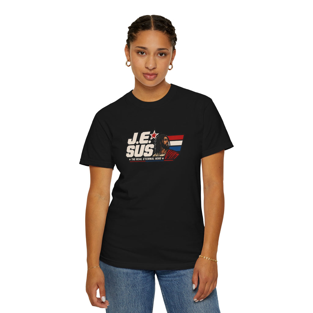 Jesus Retro Graphic T-Shirt — “J.E.SUS The Real Eternal Hero” Christian Vintage Tee